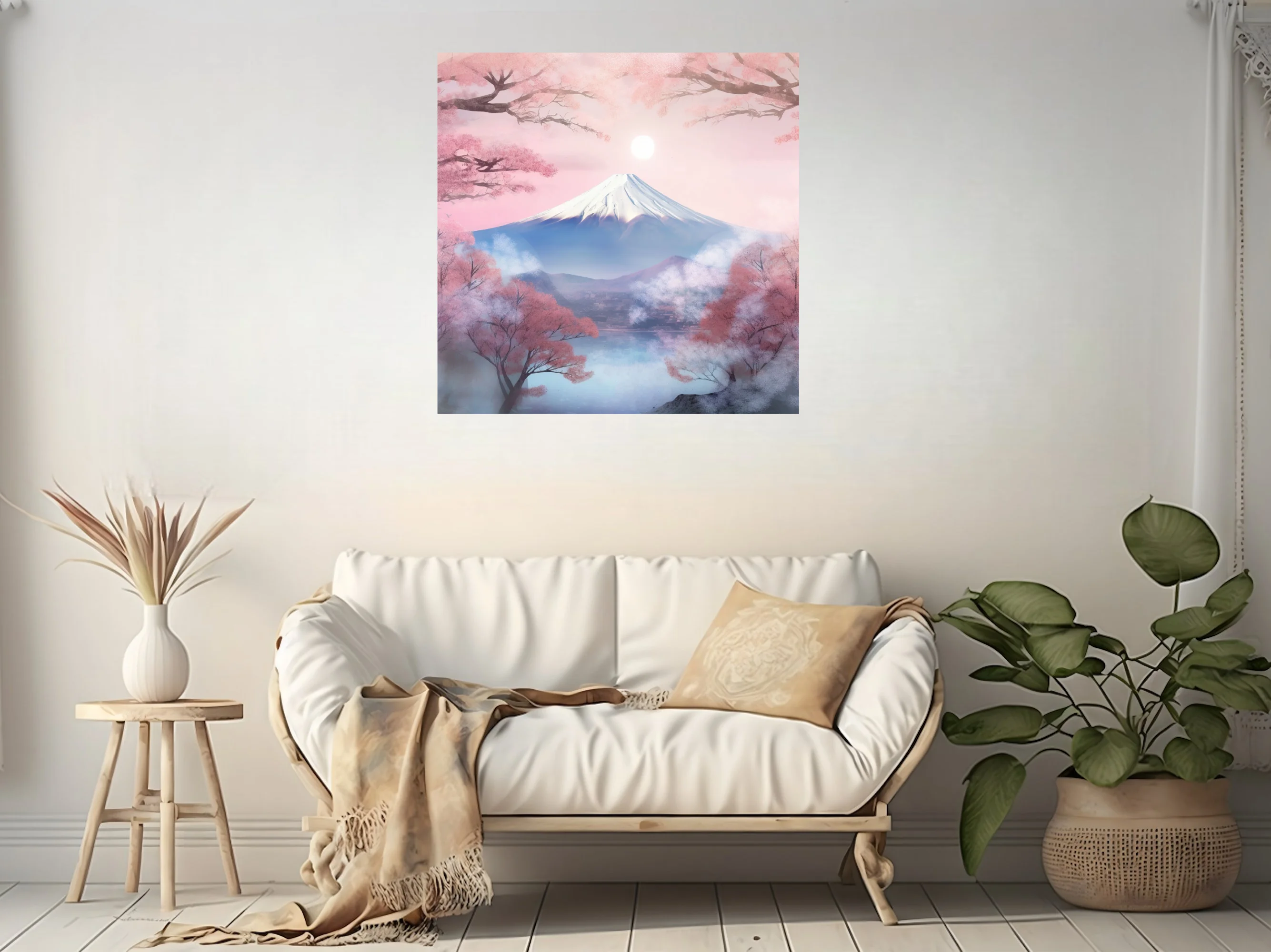 Watercolor-style Mount Fuji with cherry blossoms and mist in soft pink and blue