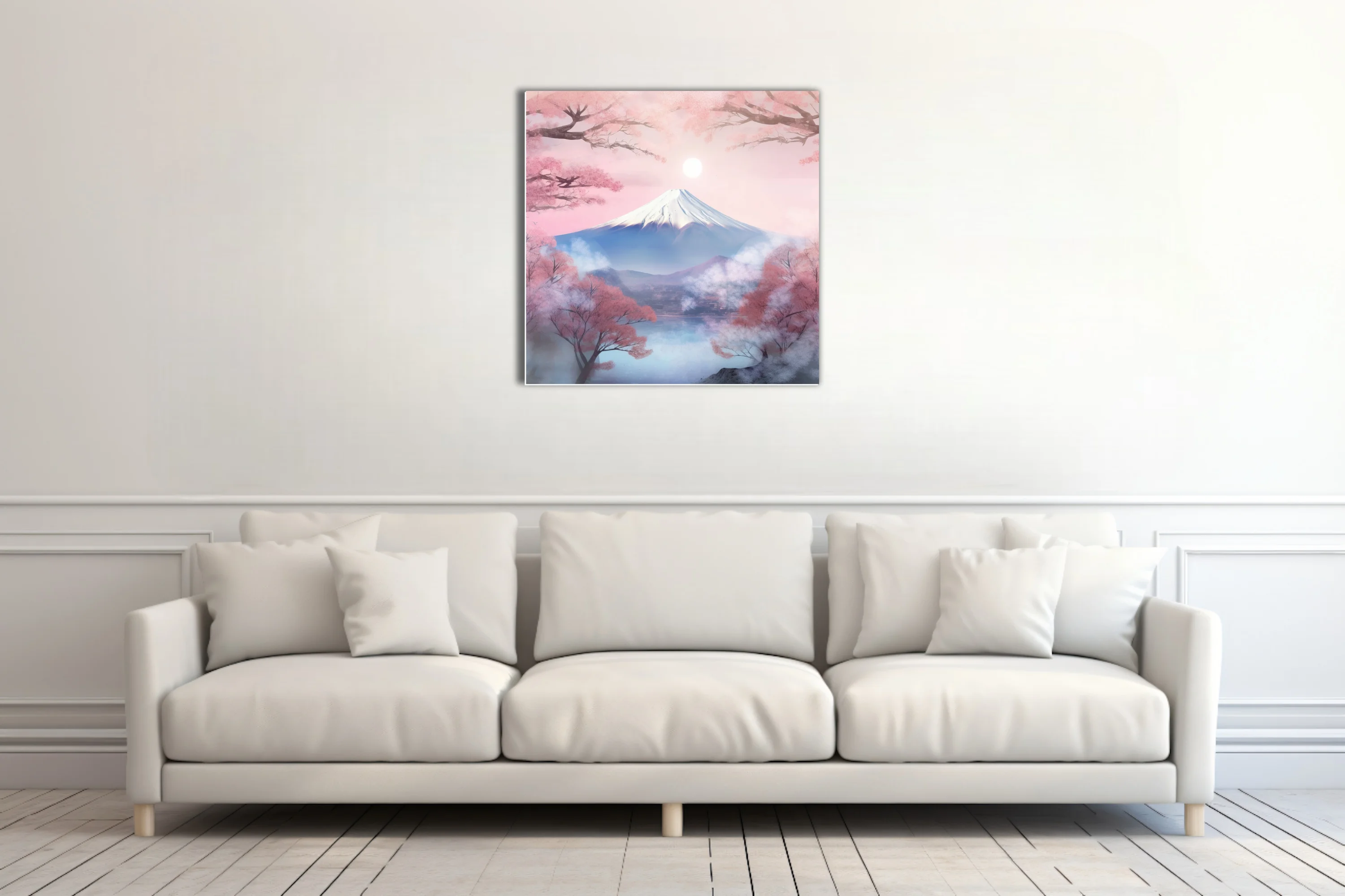 Watercolor-style Mount Fuji with cherry blossoms and mist in soft pink and blue