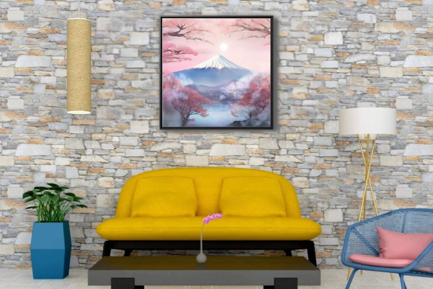 Watercolor-style Mount Fuji with cherry blossoms and mist in soft pink and blue