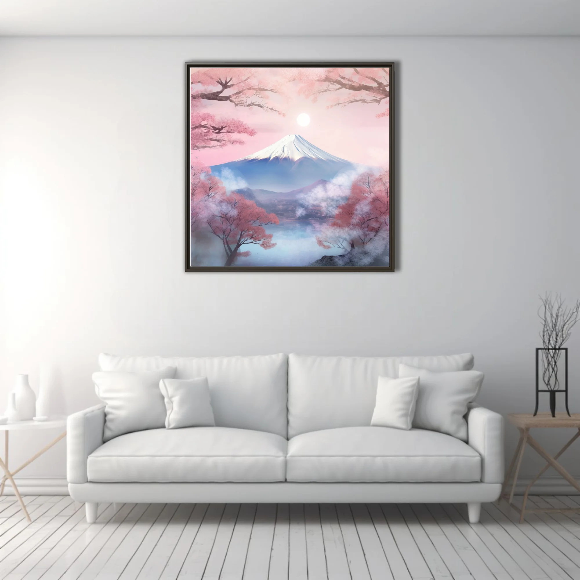 Watercolor-style Mount Fuji with cherry blossoms and mist in soft pink and blue