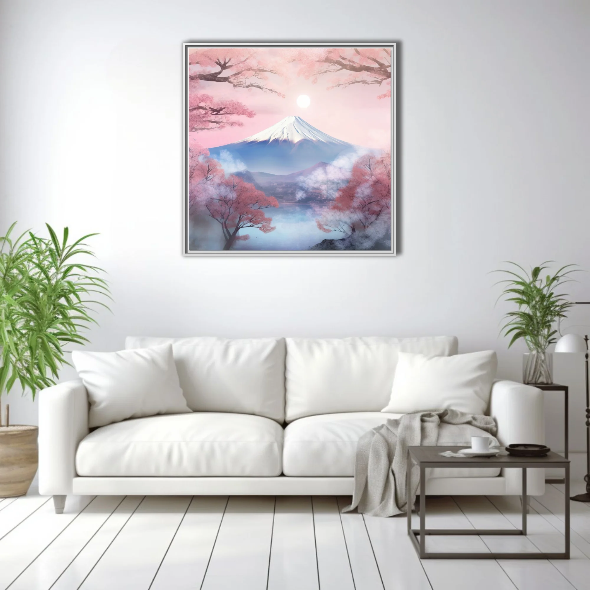 Watercolor-style Mount Fuji with cherry blossoms and mist in soft pink and blue