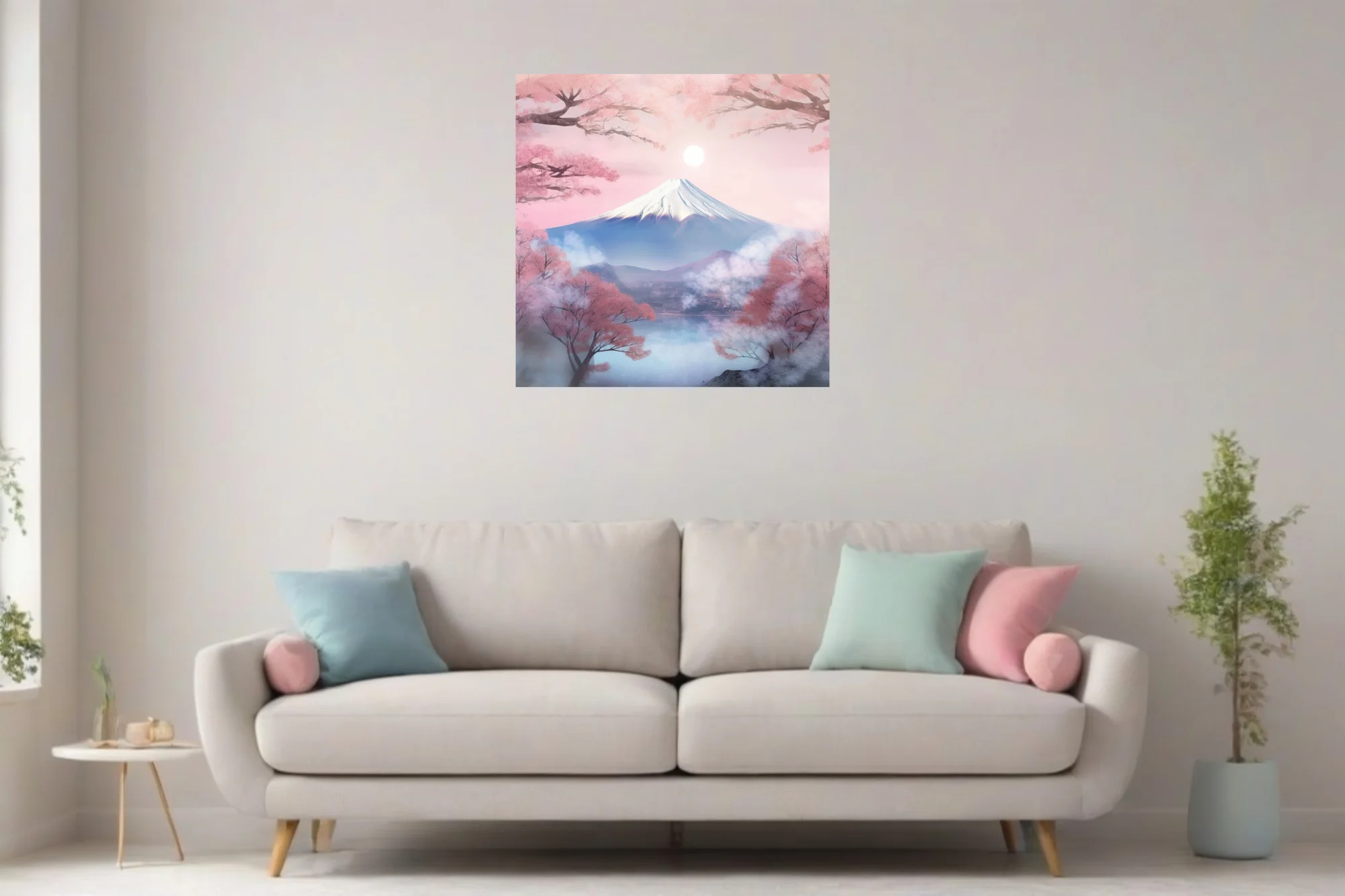 Watercolor-style Mount Fuji with cherry blossoms and mist in soft pink and blue