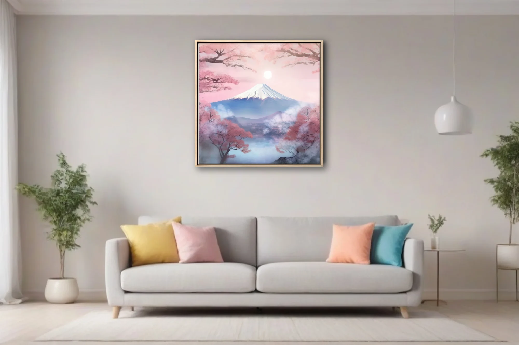 Watercolor-style Mount Fuji with cherry blossoms and mist in soft pink and blue