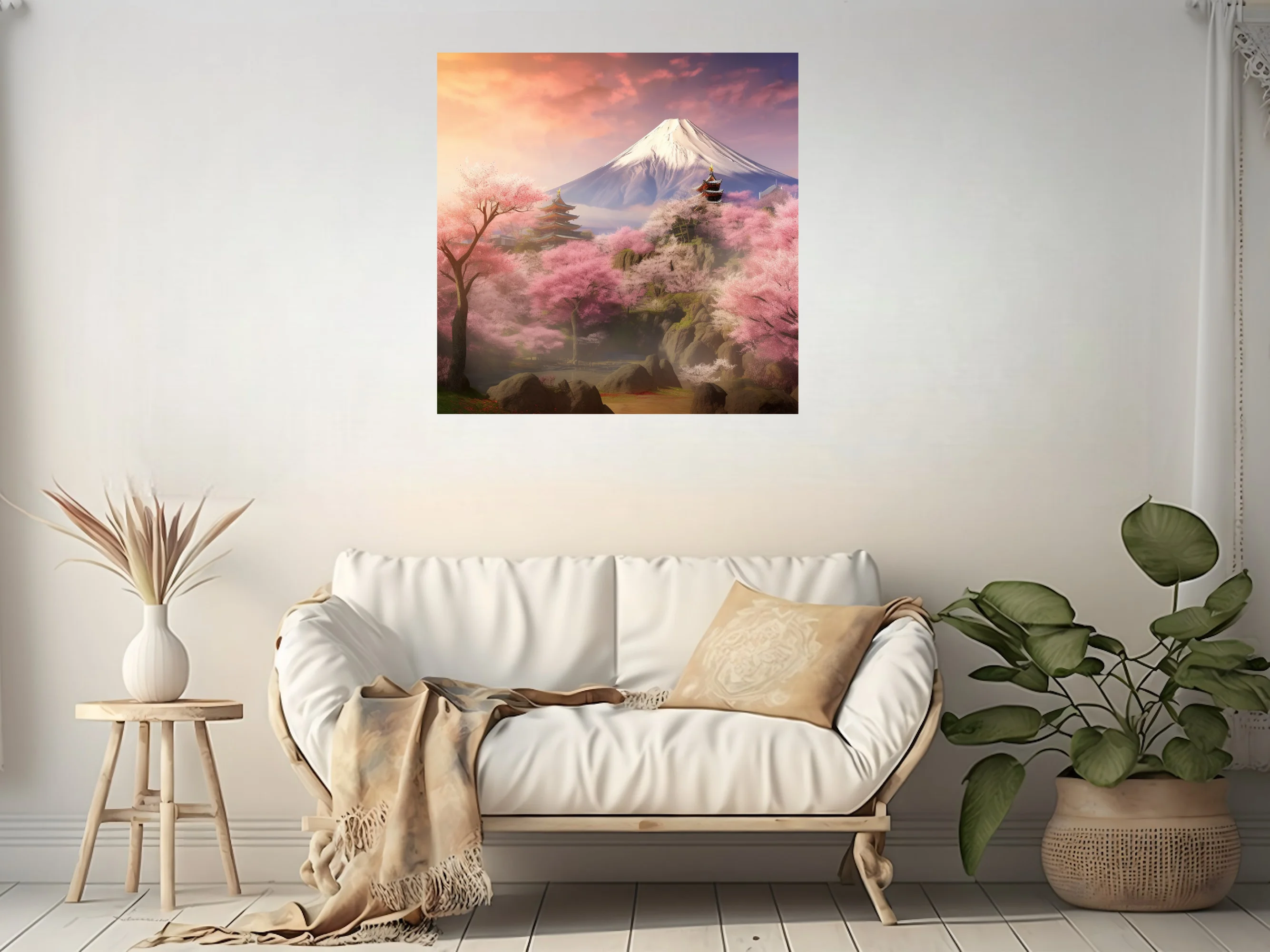 Japanese fantasy landscape with sakura blossoms, pagodas, and snow-capped mountain at sunset