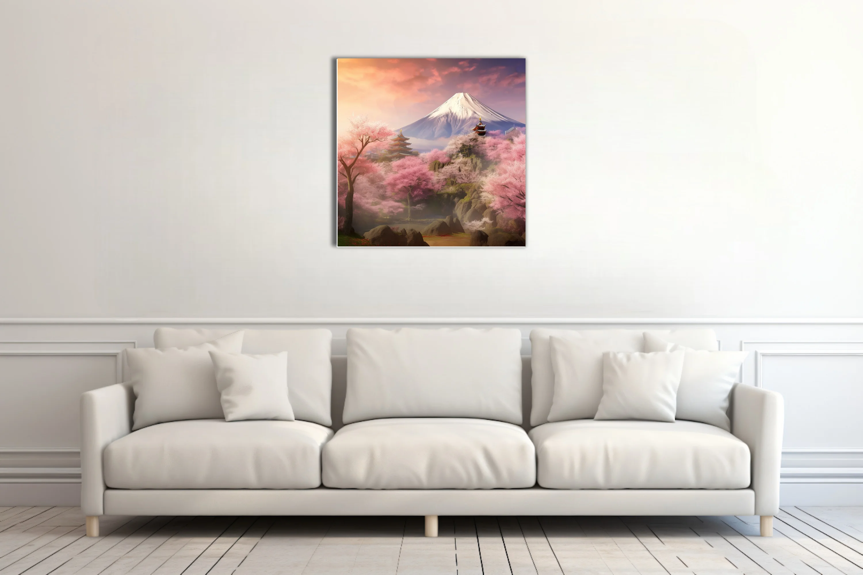 Japanese fantasy landscape with sakura blossoms, pagodas, and snow-capped mountain at sunset
