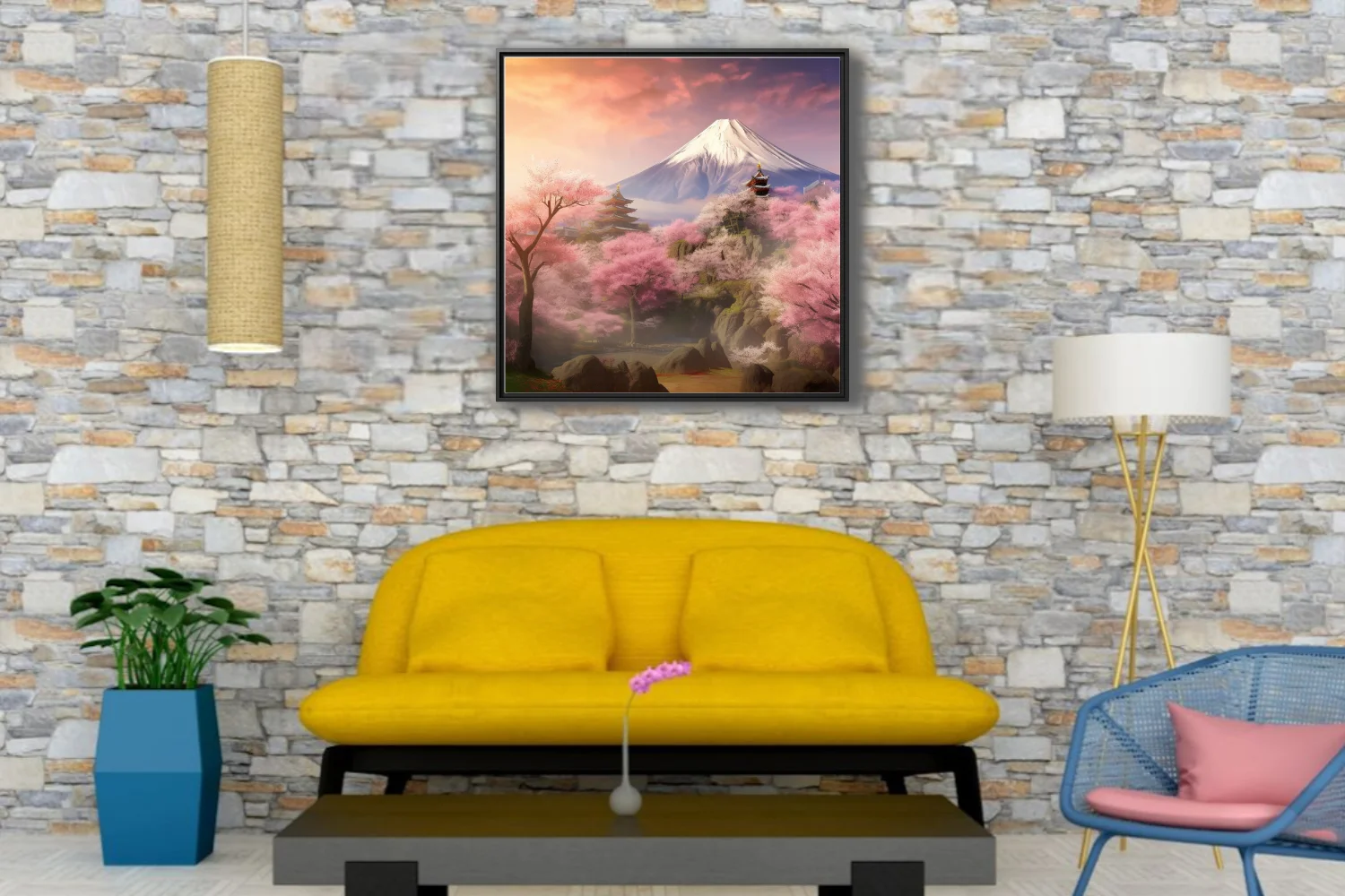 Japanese fantasy landscape with sakura blossoms, pagodas, and snow-capped mountain at sunset