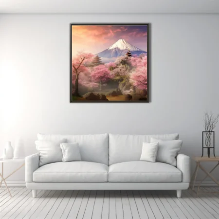 Japanese fantasy landscape with sakura blossoms, pagodas, and snow-capped mountain at sunset