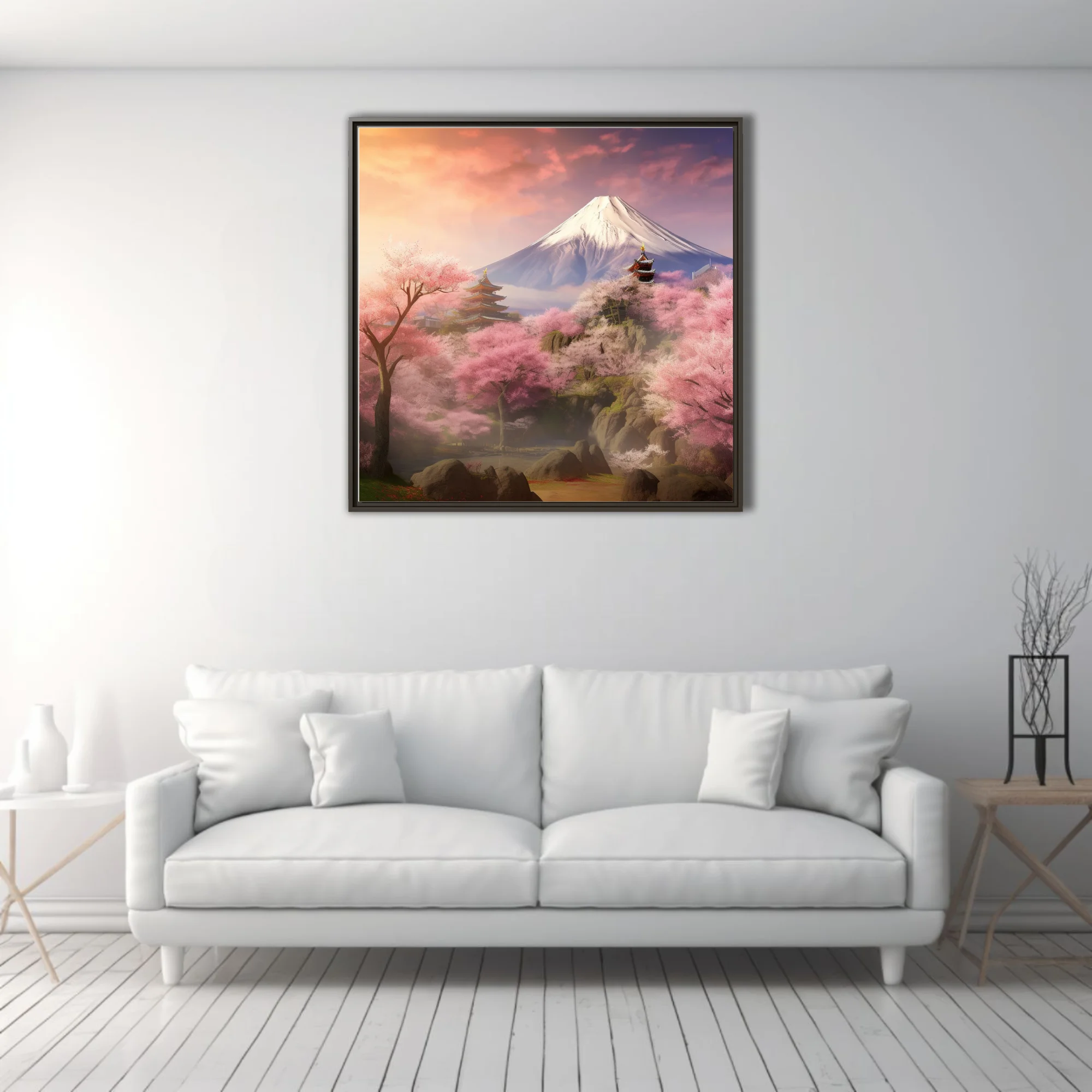 Japanese fantasy landscape with sakura blossoms, pagodas, and snow-capped mountain at sunset