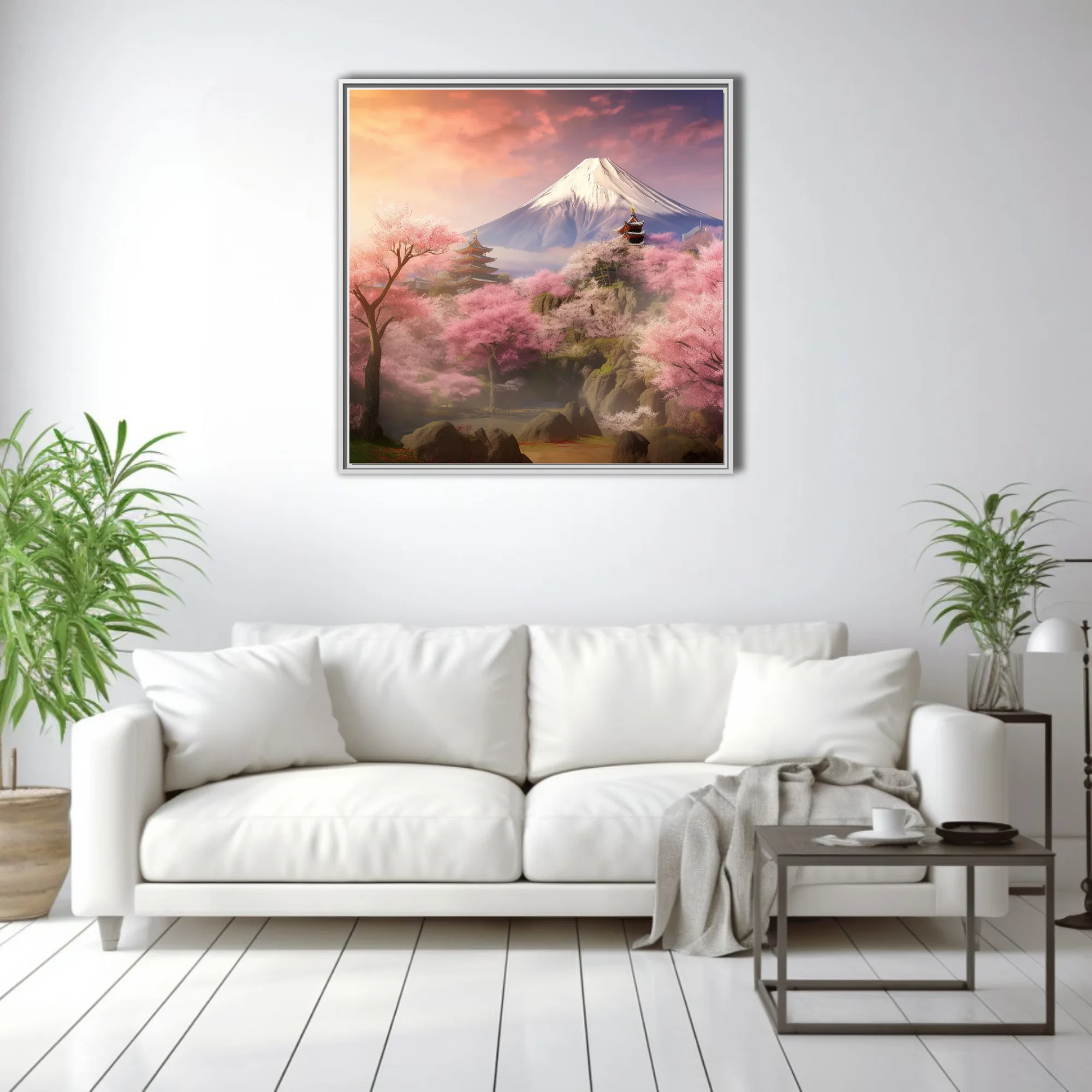 Japanese fantasy landscape with sakura blossoms, pagodas, and snow-capped mountain at sunset