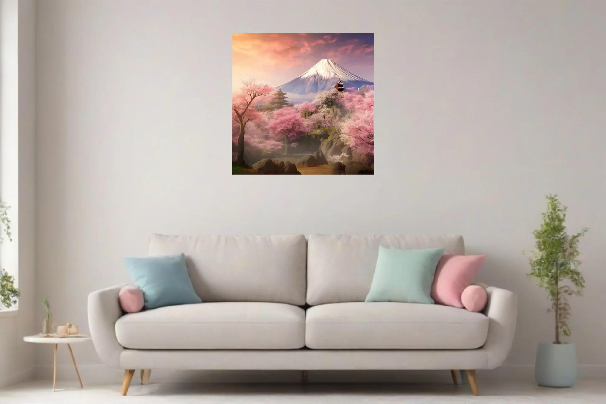 Japanese fantasy landscape with sakura blossoms, pagodas, and snow-capped mountain at sunset