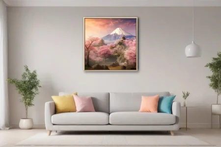 Japanese fantasy landscape with sakura blossoms, pagodas, and snow-capped mountain at sunset