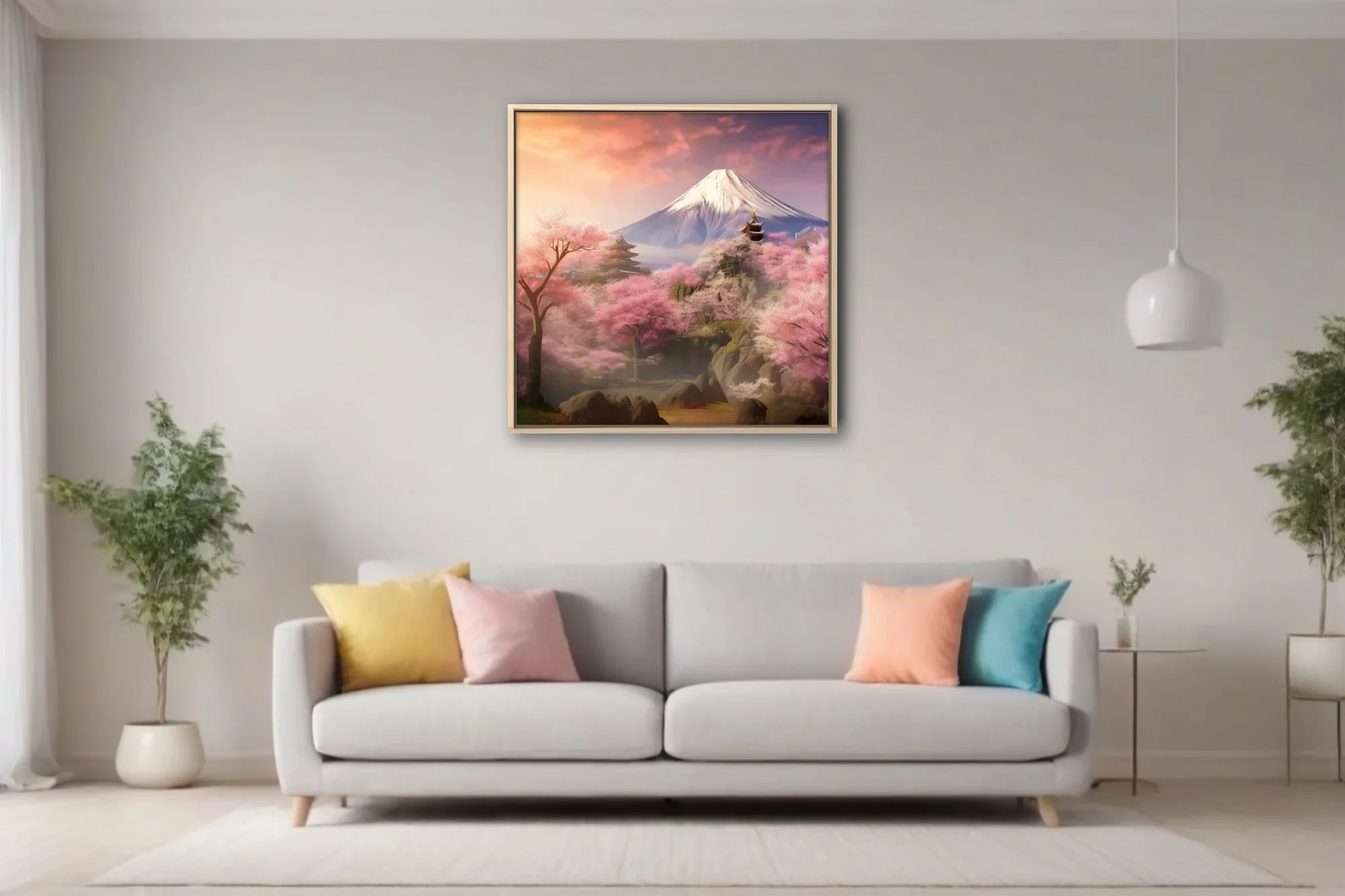 Japanese fantasy landscape with sakura blossoms, pagodas, and snow-capped mountain at sunset