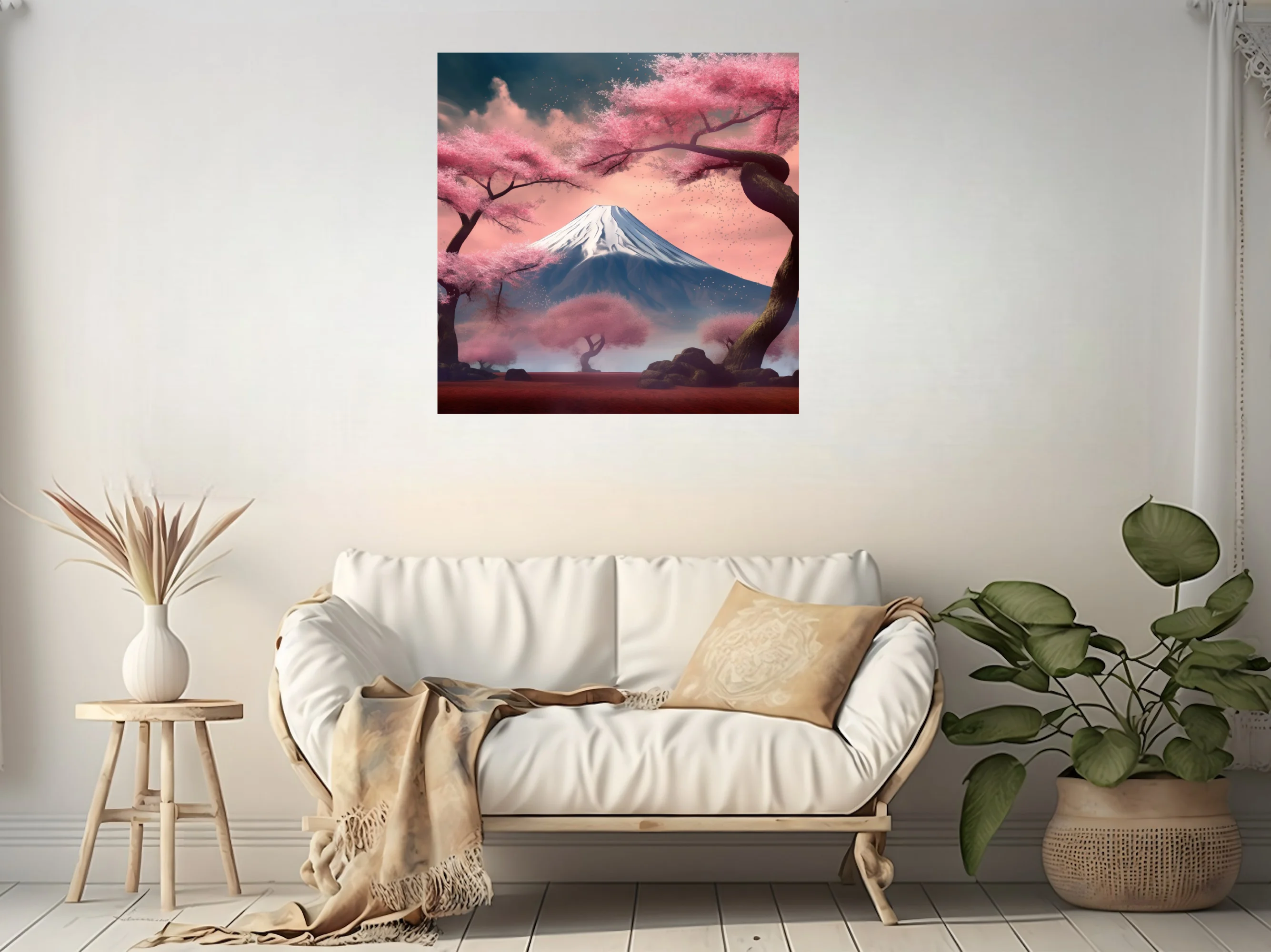 Japanese-style cherry blossom landscape with snow-capped volcanic peak in pink mist