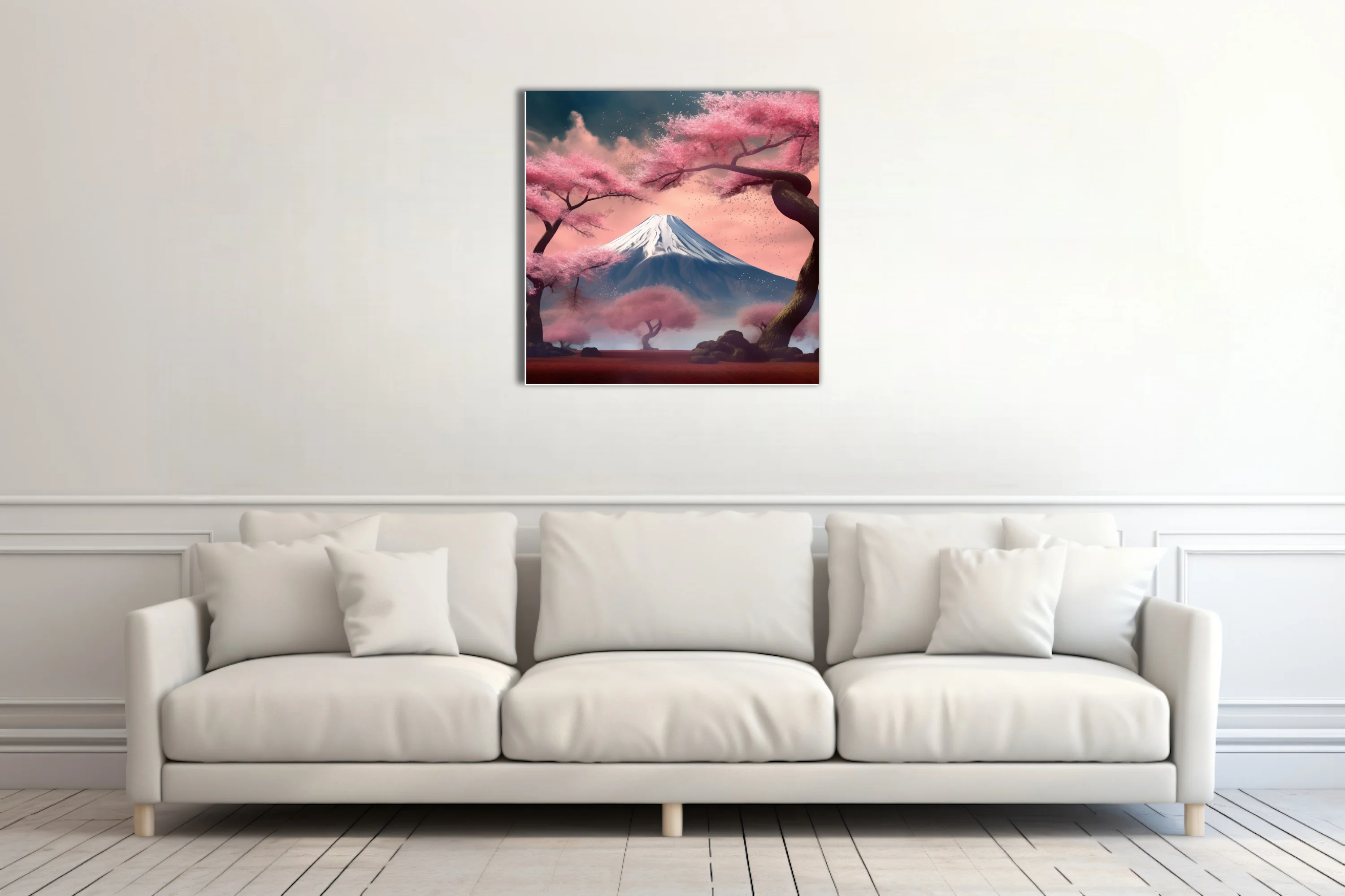 Japanese-style cherry blossom landscape with snow-capped volcanic peak in pink mist