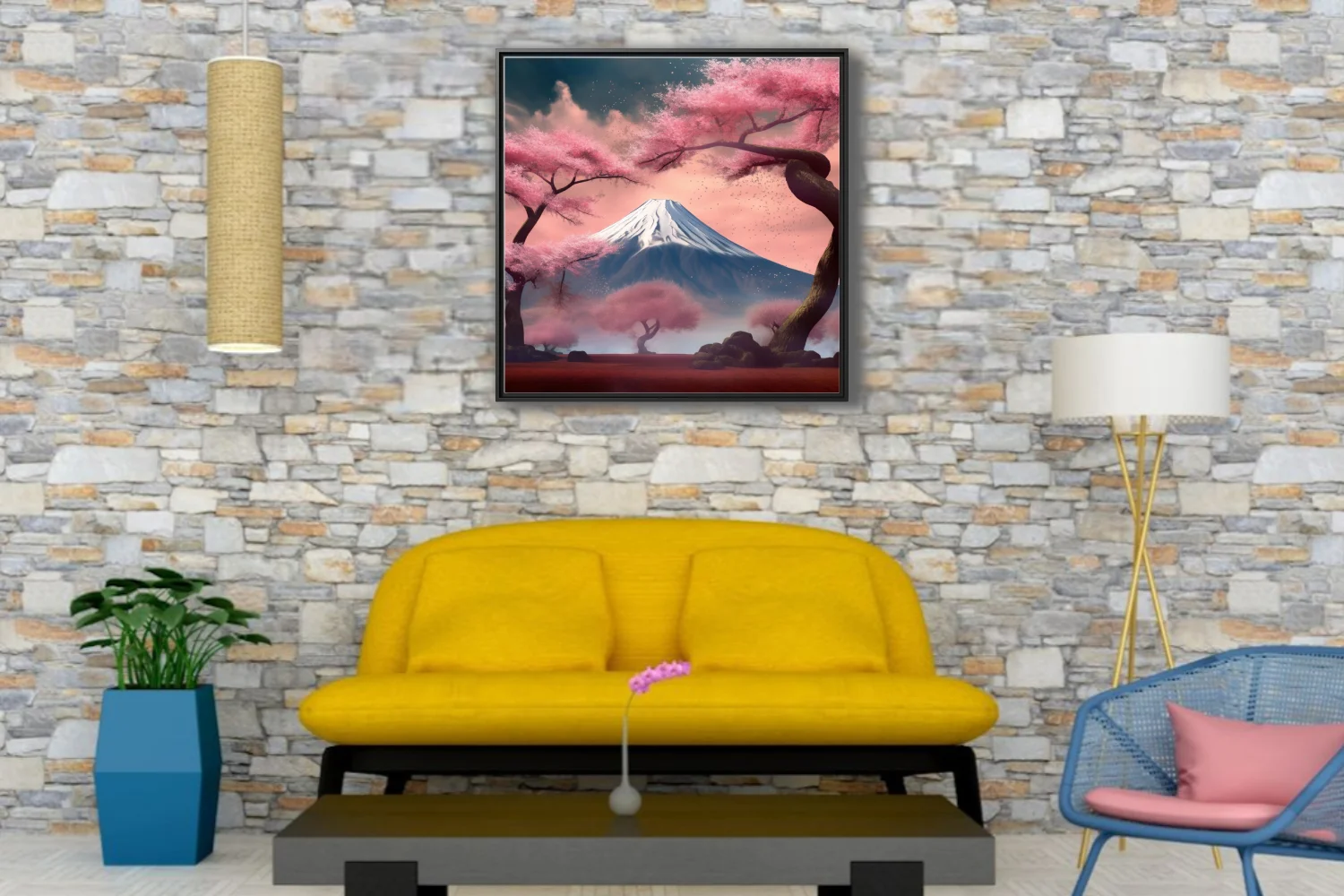 Japanese-style cherry blossom landscape with snow-capped volcanic peak in pink mist