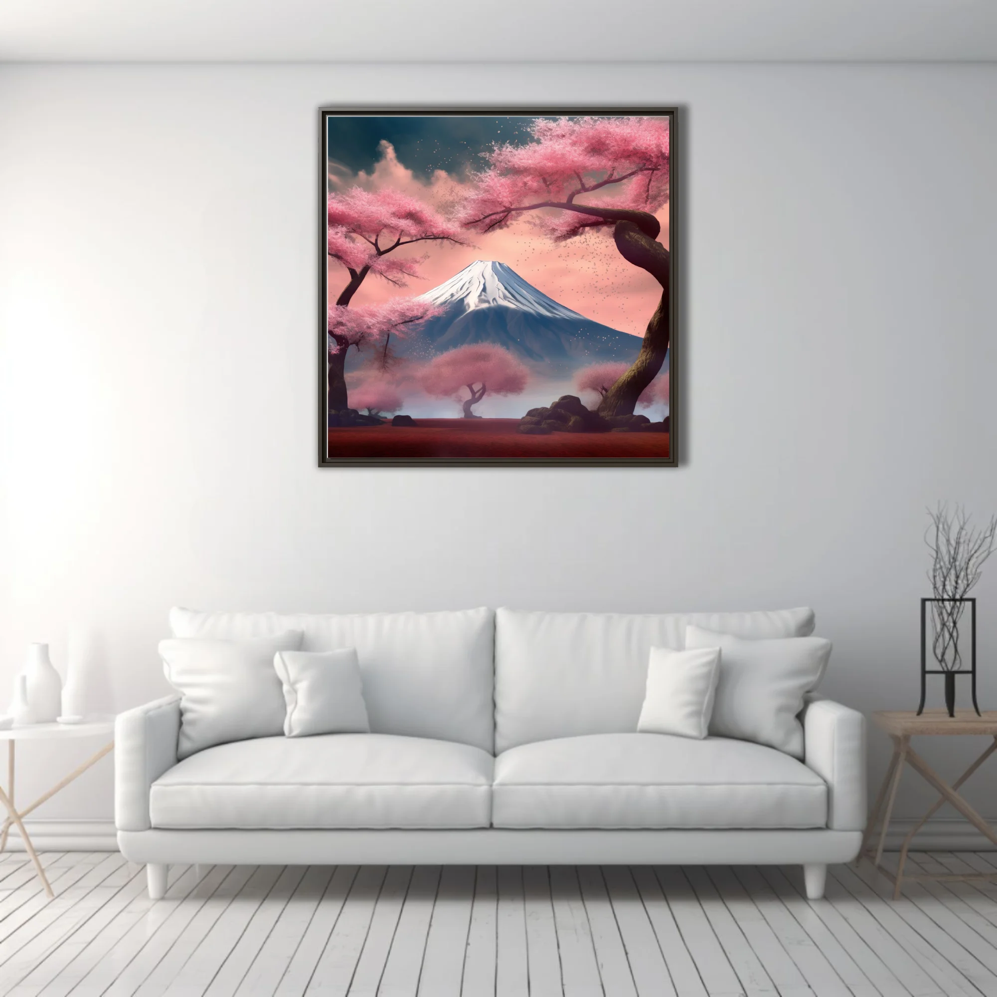 Japanese-style cherry blossom landscape with snow-capped volcanic peak in pink mist