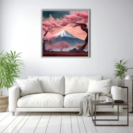 Japanese-style cherry blossom landscape with snow-capped volcanic peak in pink mist