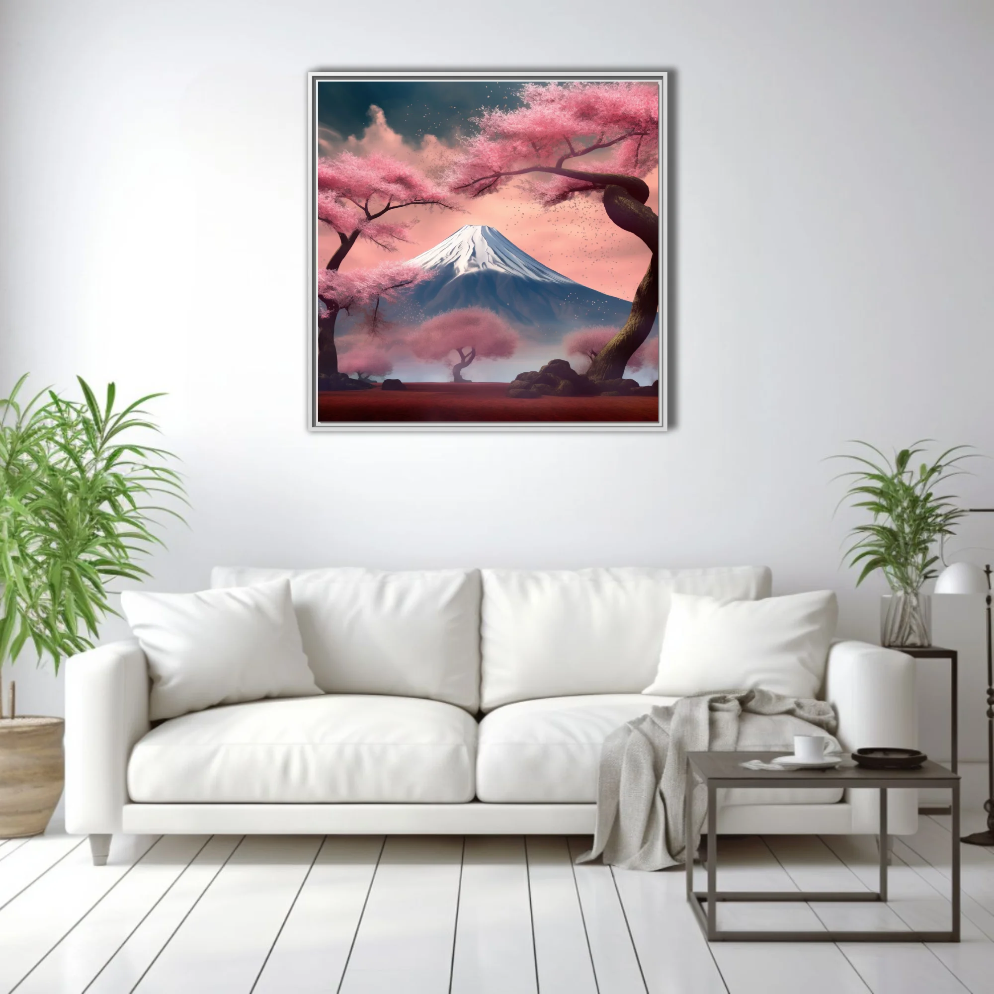 Japanese-style cherry blossom landscape with snow-capped volcanic peak in pink mist