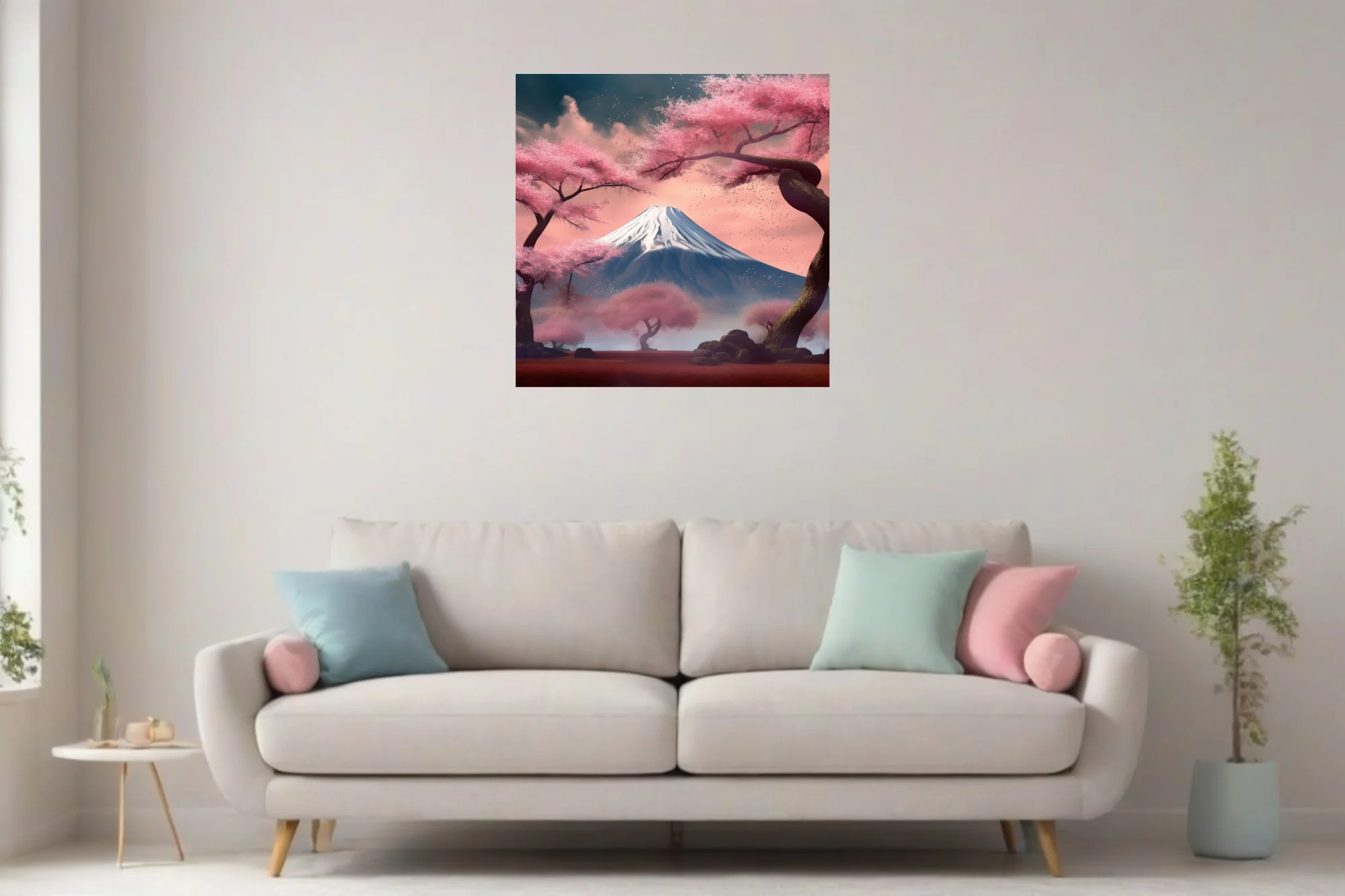 Japanese-style cherry blossom landscape with snow-capped volcanic peak in pink mist