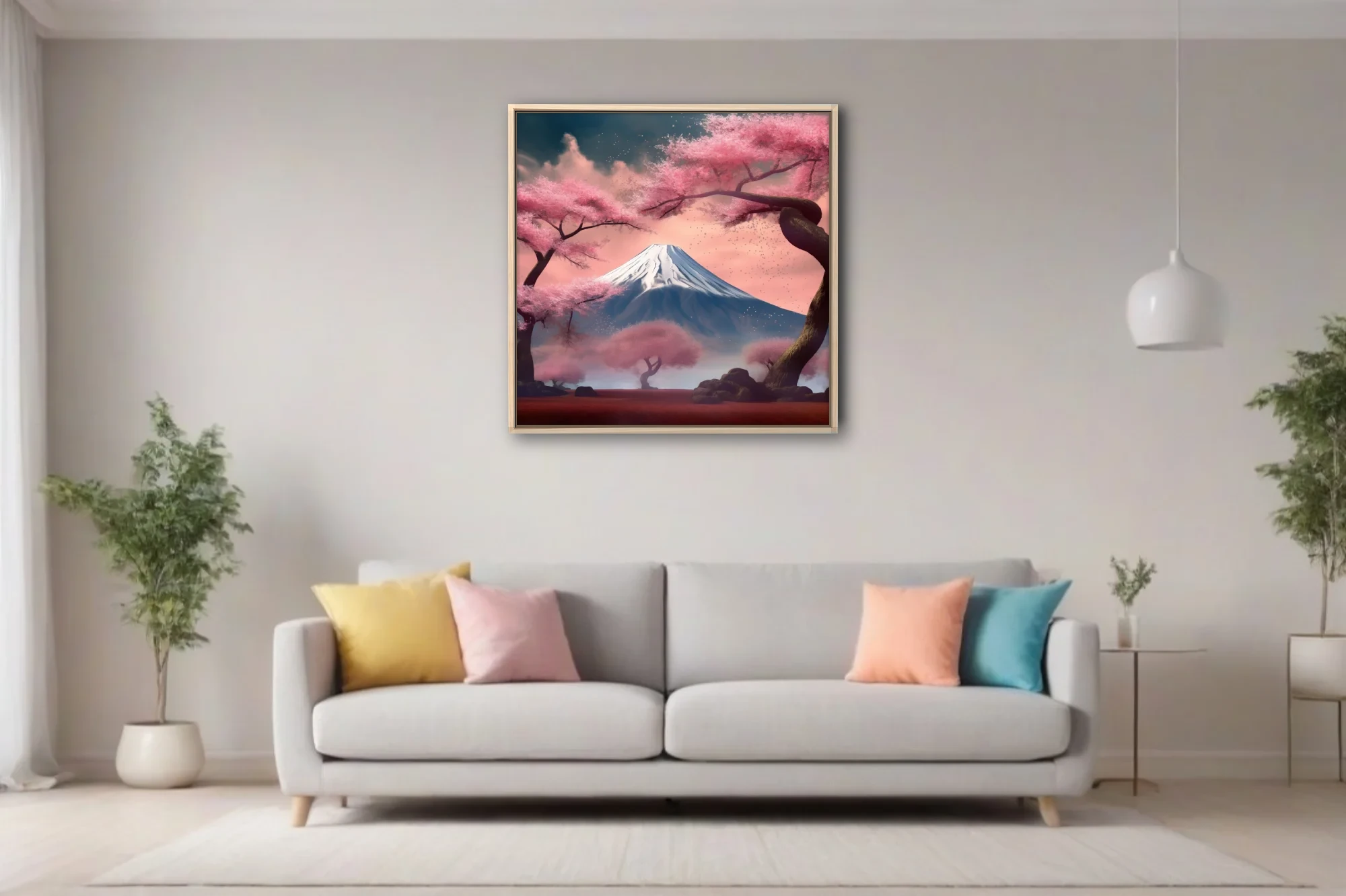 Japanese-style cherry blossom landscape with snow-capped volcanic peak in pink mist