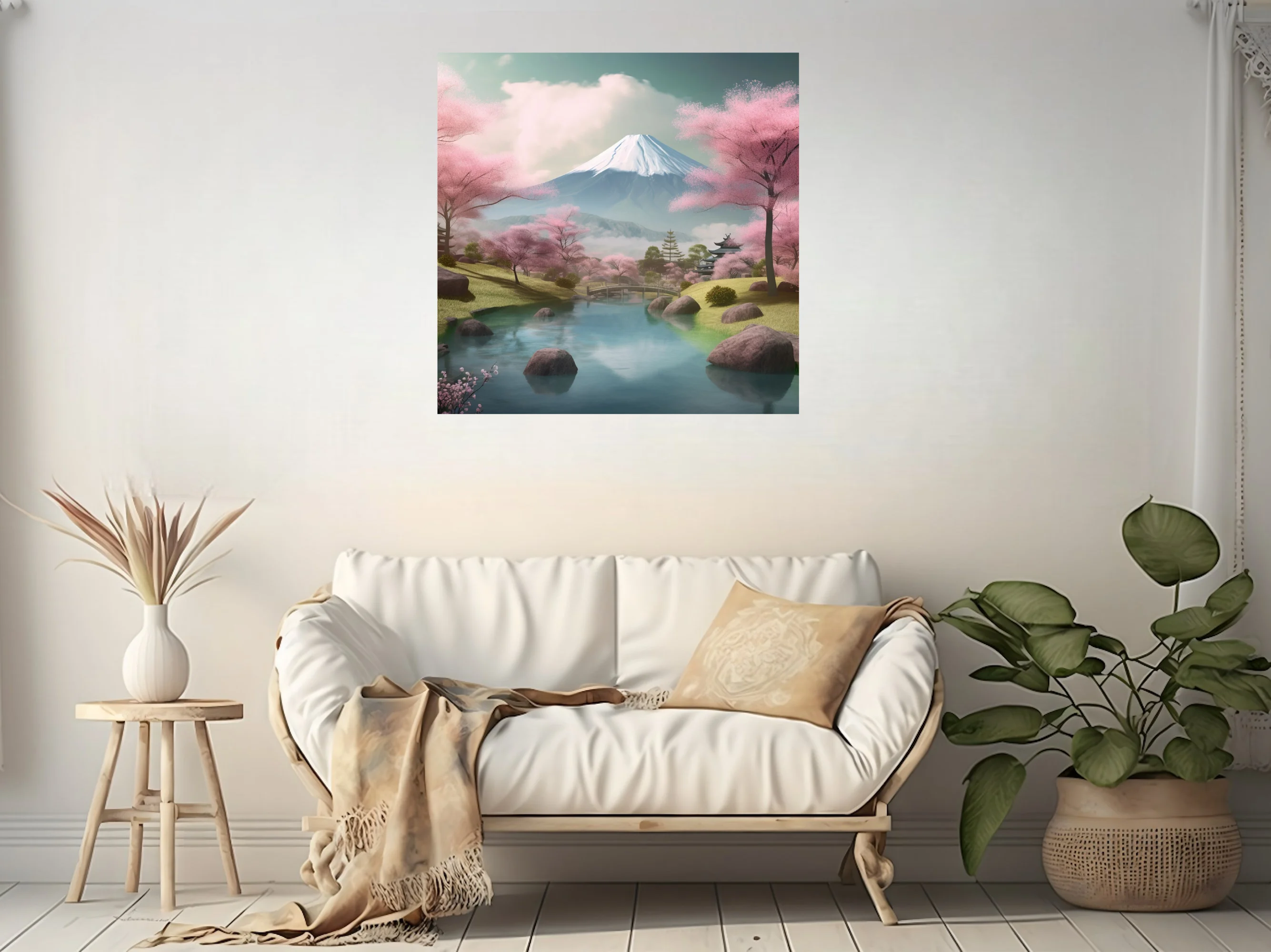 Japanese landscape with cherry blossoms, Mount Fuji, pagoda, and reflective pond
