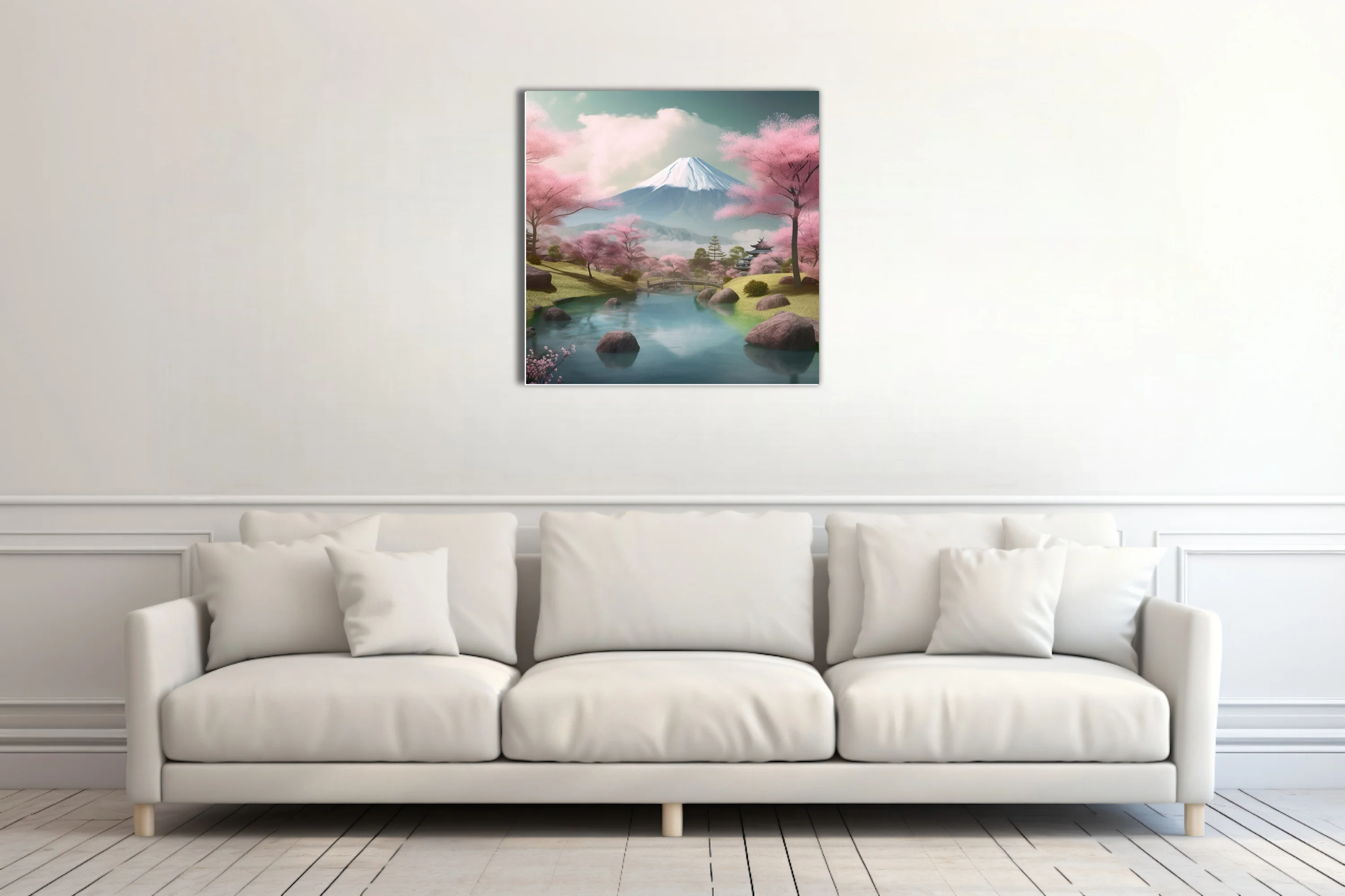 Japanese landscape with cherry blossoms, Mount Fuji, pagoda, and reflective pond