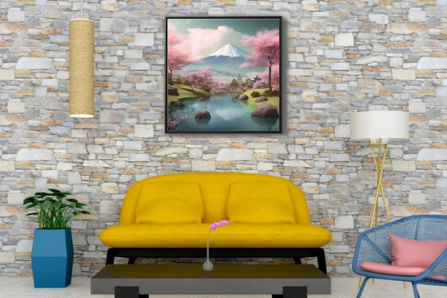 Japanese landscape with cherry blossoms, Mount Fuji, pagoda, and reflective pond