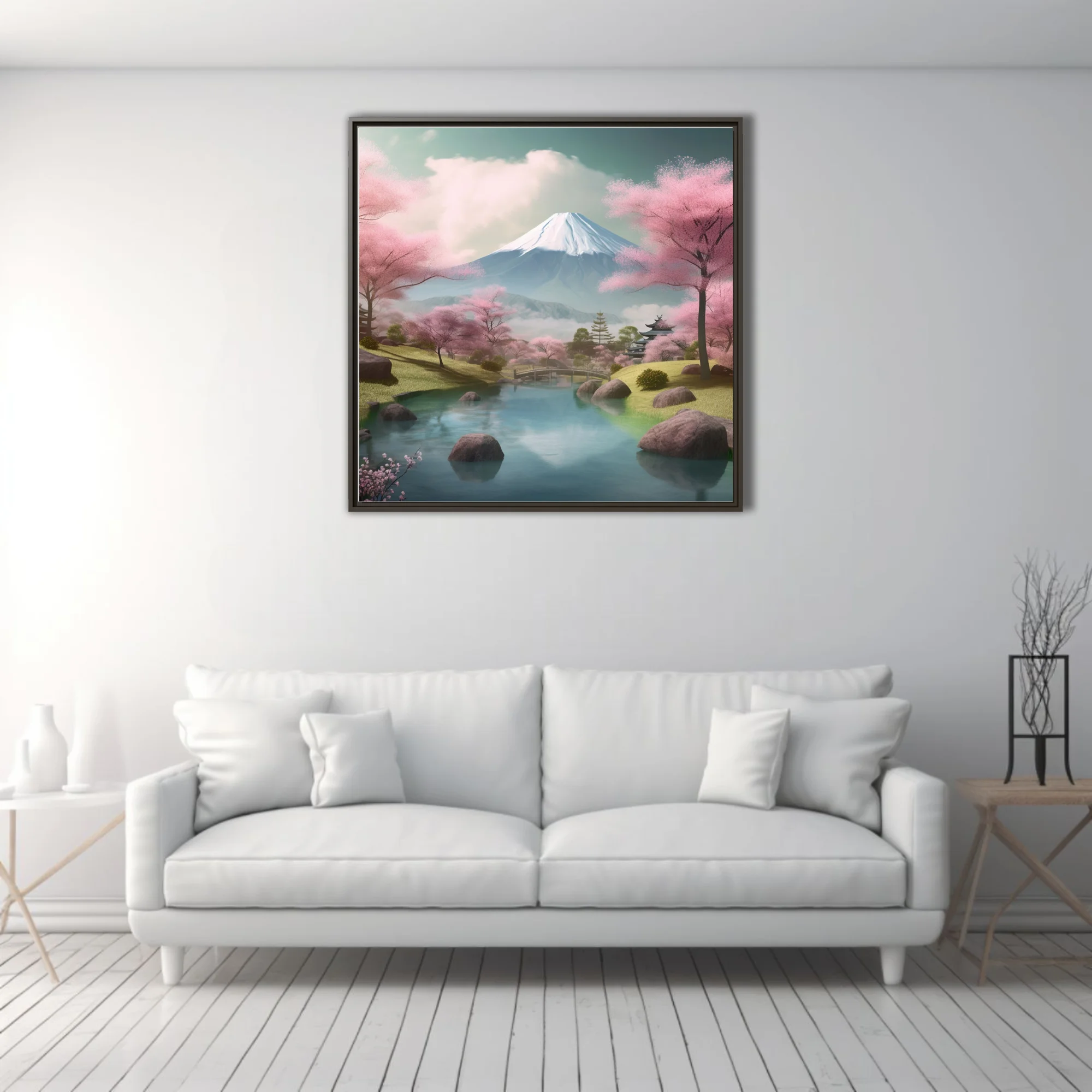 Japanese landscape with cherry blossoms, Mount Fuji, pagoda, and reflective pond