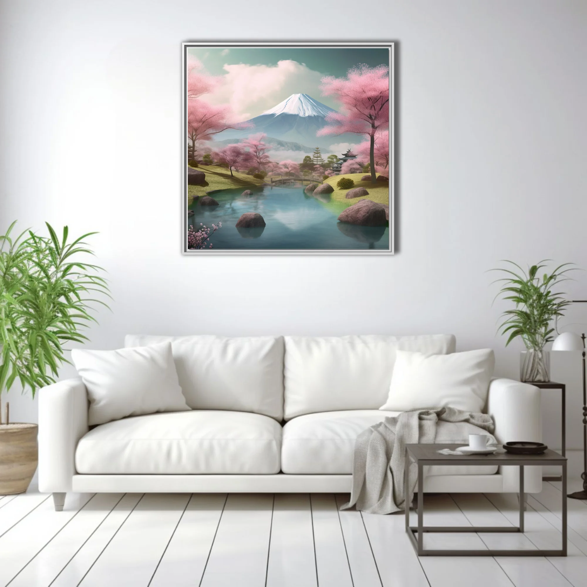 Japanese landscape with cherry blossoms, Mount Fuji, pagoda, and reflective pond
