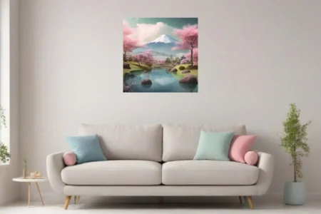 Japanese landscape with cherry blossoms, Mount Fuji, pagoda, and reflective pond