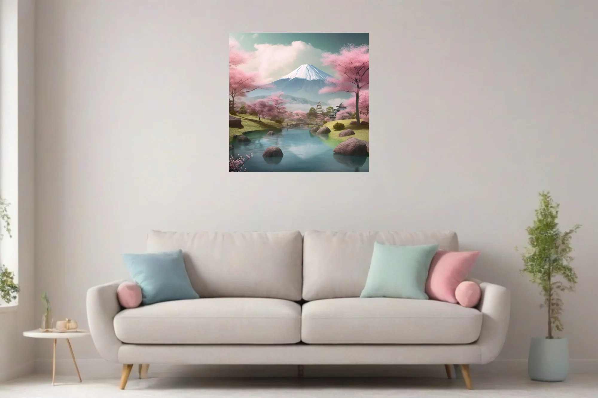 Japanese landscape with cherry blossoms, Mount Fuji, pagoda, and reflective pond