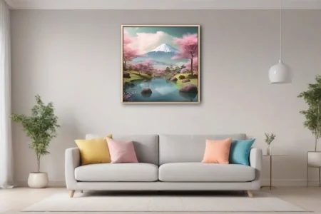 Japanese landscape with cherry blossoms, Mount Fuji, pagoda, and reflective pond