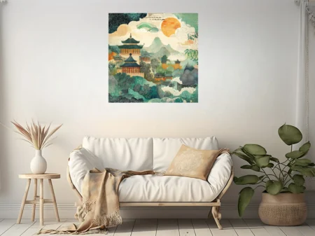 Chinese-style decorative landscape with pagodas, mountains, and patterned celestial elements in teal and amber