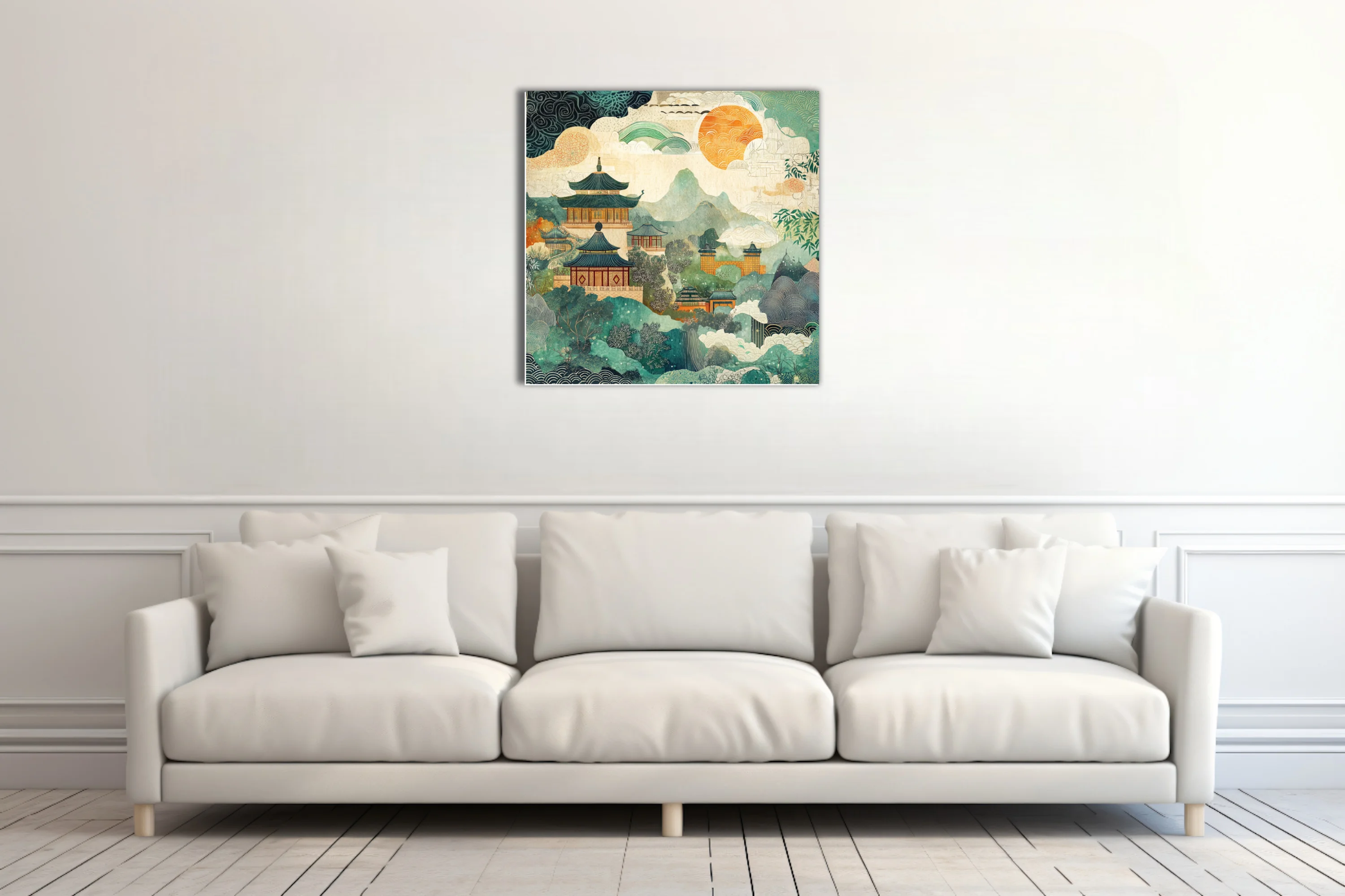 Chinese-style decorative landscape with pagodas, mountains, and patterned celestial elements in teal and amber