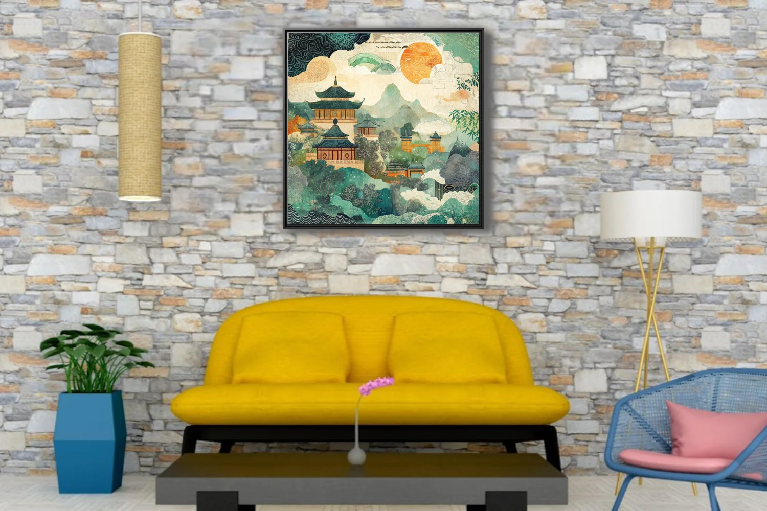 Chinese-style decorative landscape with pagodas, mountains, and patterned celestial elements in teal and amber