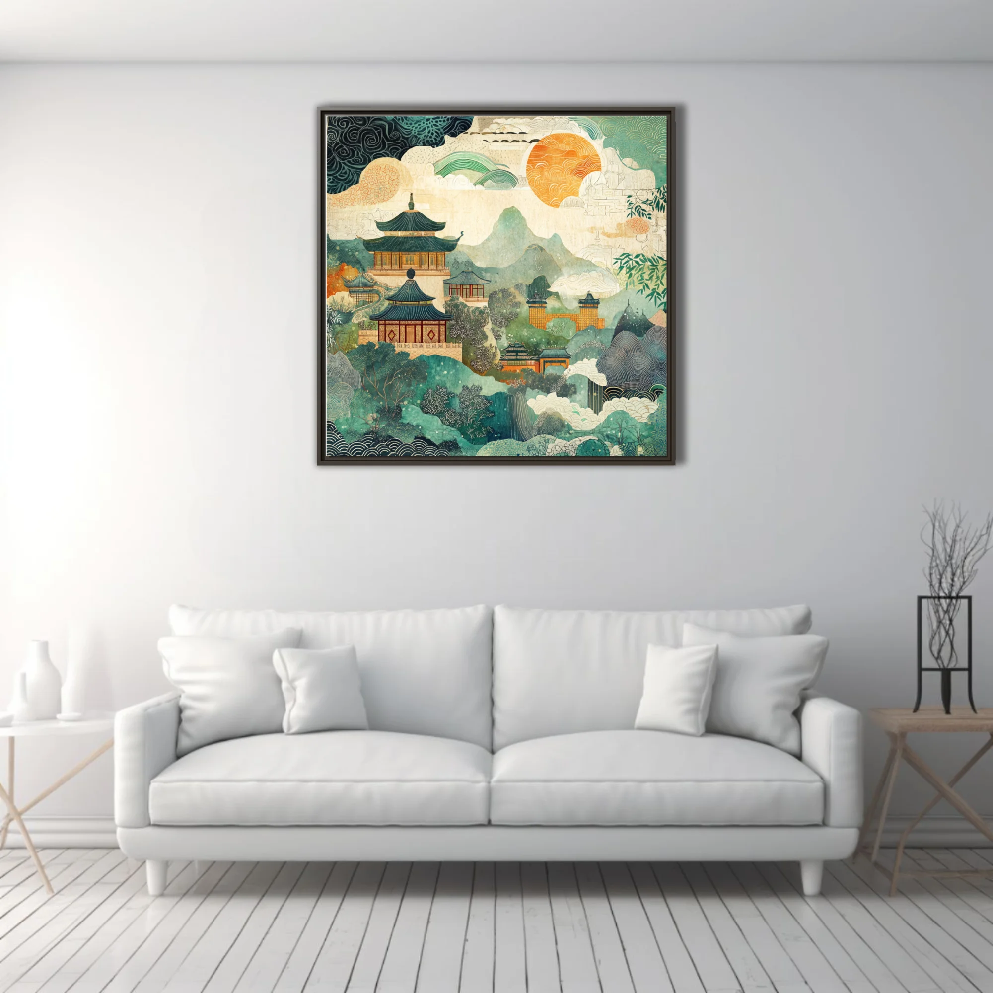 Chinese-style decorative landscape with pagodas, mountains, and patterned celestial elements in teal and amber