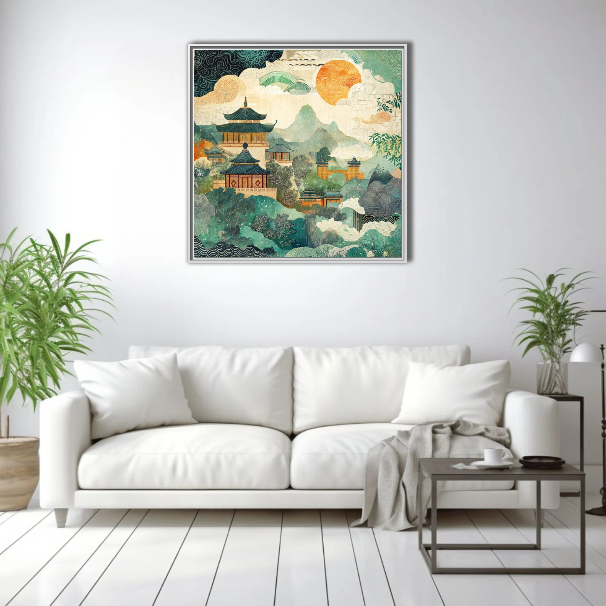 Chinese-style decorative landscape with pagodas, mountains, and patterned celestial elements in teal and amber