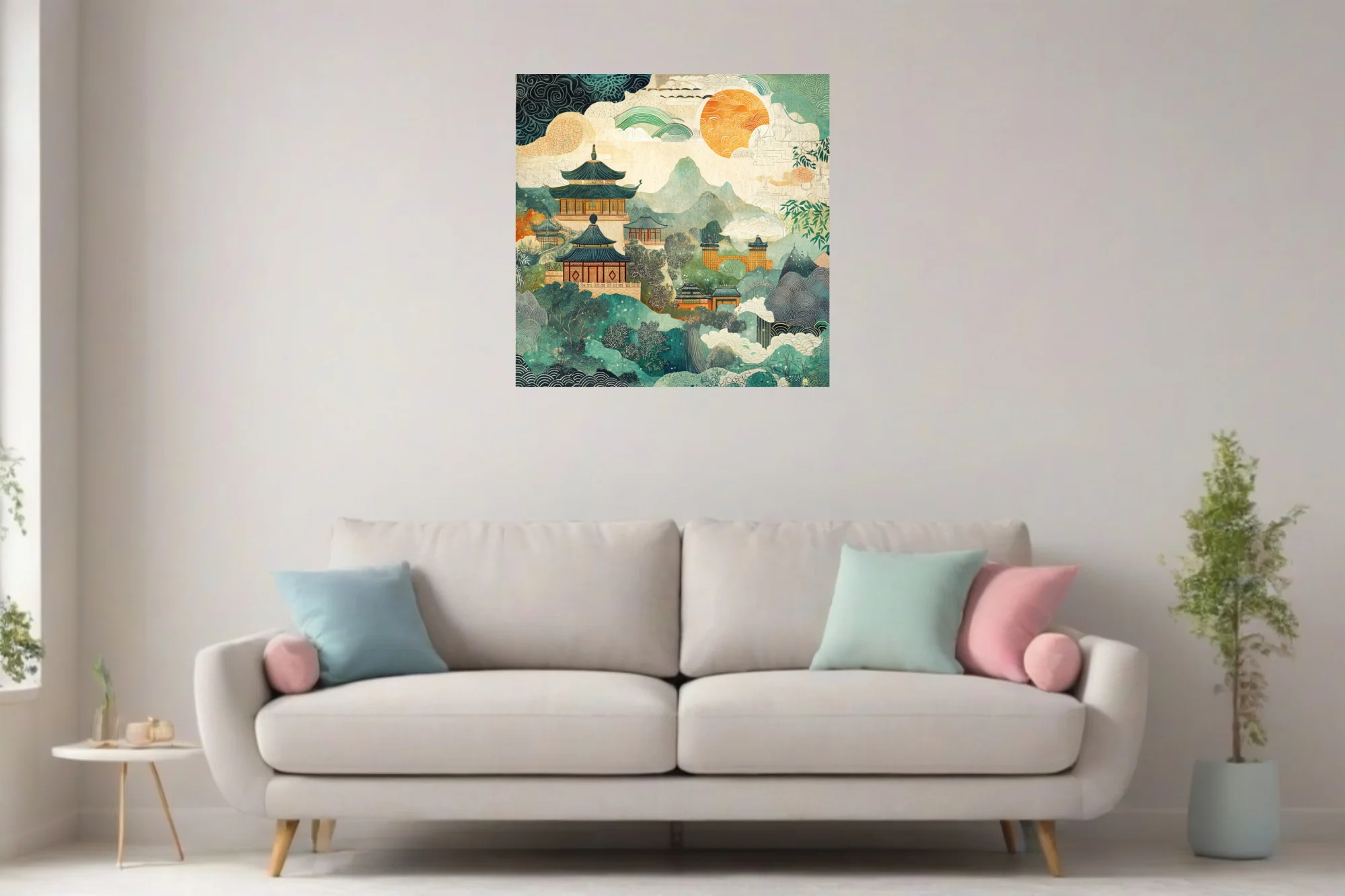 Chinese-style decorative landscape with pagodas, mountains, and patterned celestial elements in teal and amber