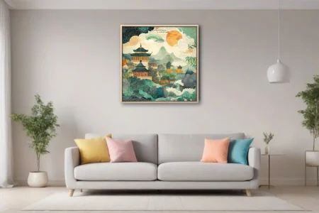 Chinese-style decorative landscape with pagodas, mountains, and patterned celestial elements in teal and amber