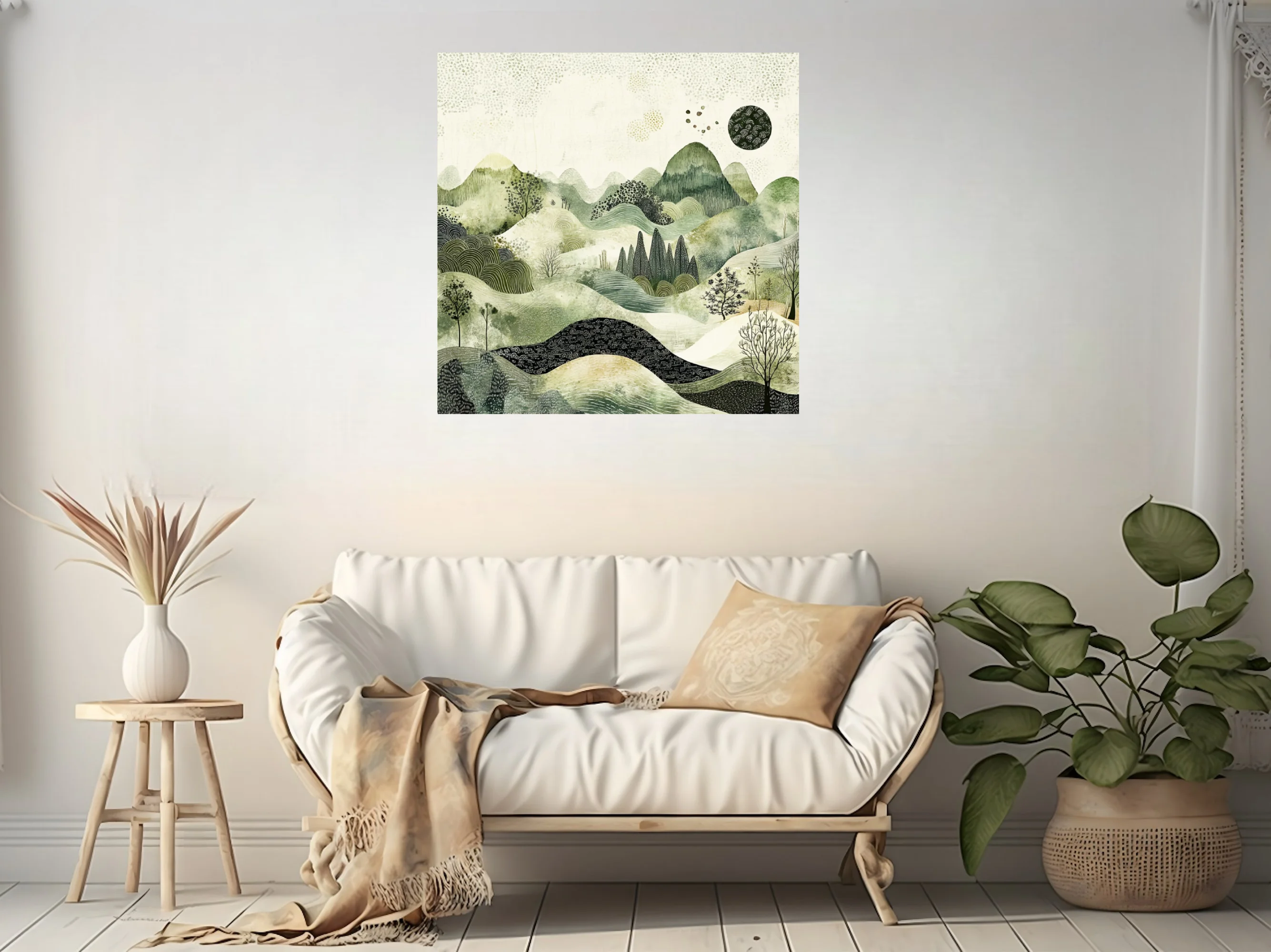 East Asian ink-style abstract landscape in sage greens and cream with textured hills and botanical forms