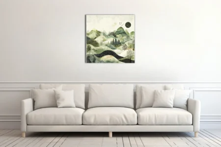 East Asian ink-style abstract landscape in sage greens and cream with textured hills and botanical forms