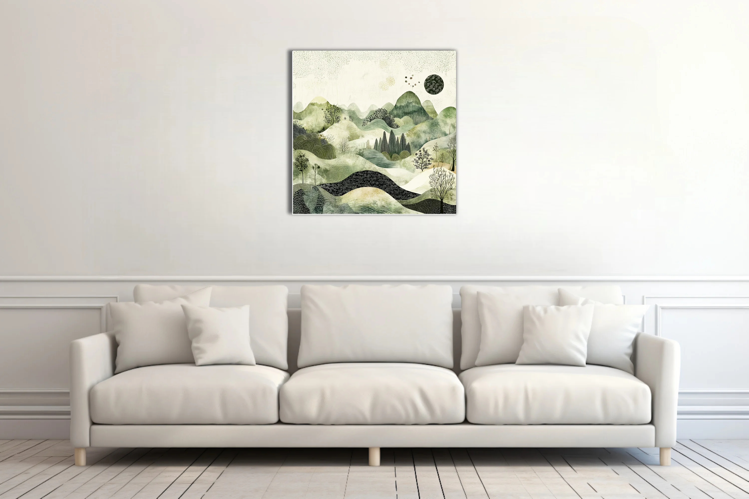 East Asian ink-style abstract landscape in sage greens and cream with textured hills and botanical forms