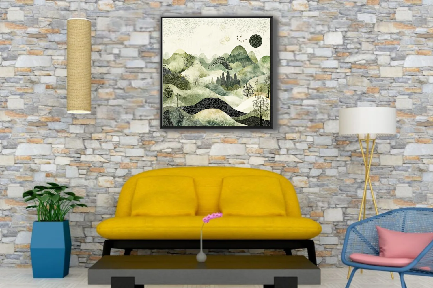East Asian ink-style abstract landscape in sage greens and cream with textured hills and botanical forms