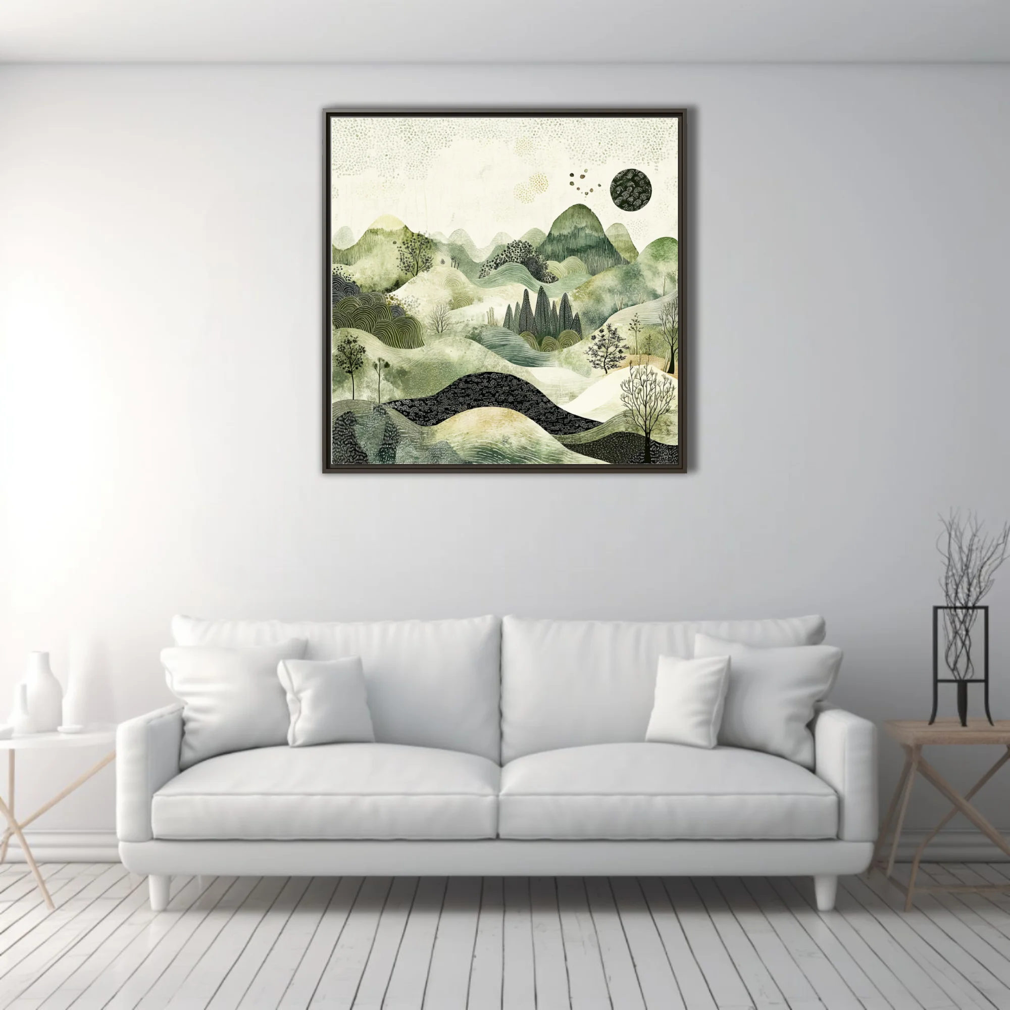 East Asian ink-style abstract landscape in sage greens and cream with textured hills and botanical forms