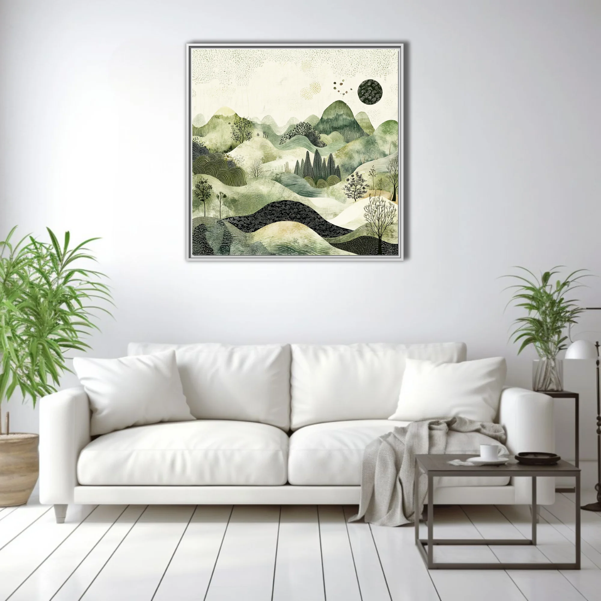 East Asian ink-style abstract landscape in sage greens and cream with textured hills and botanical forms