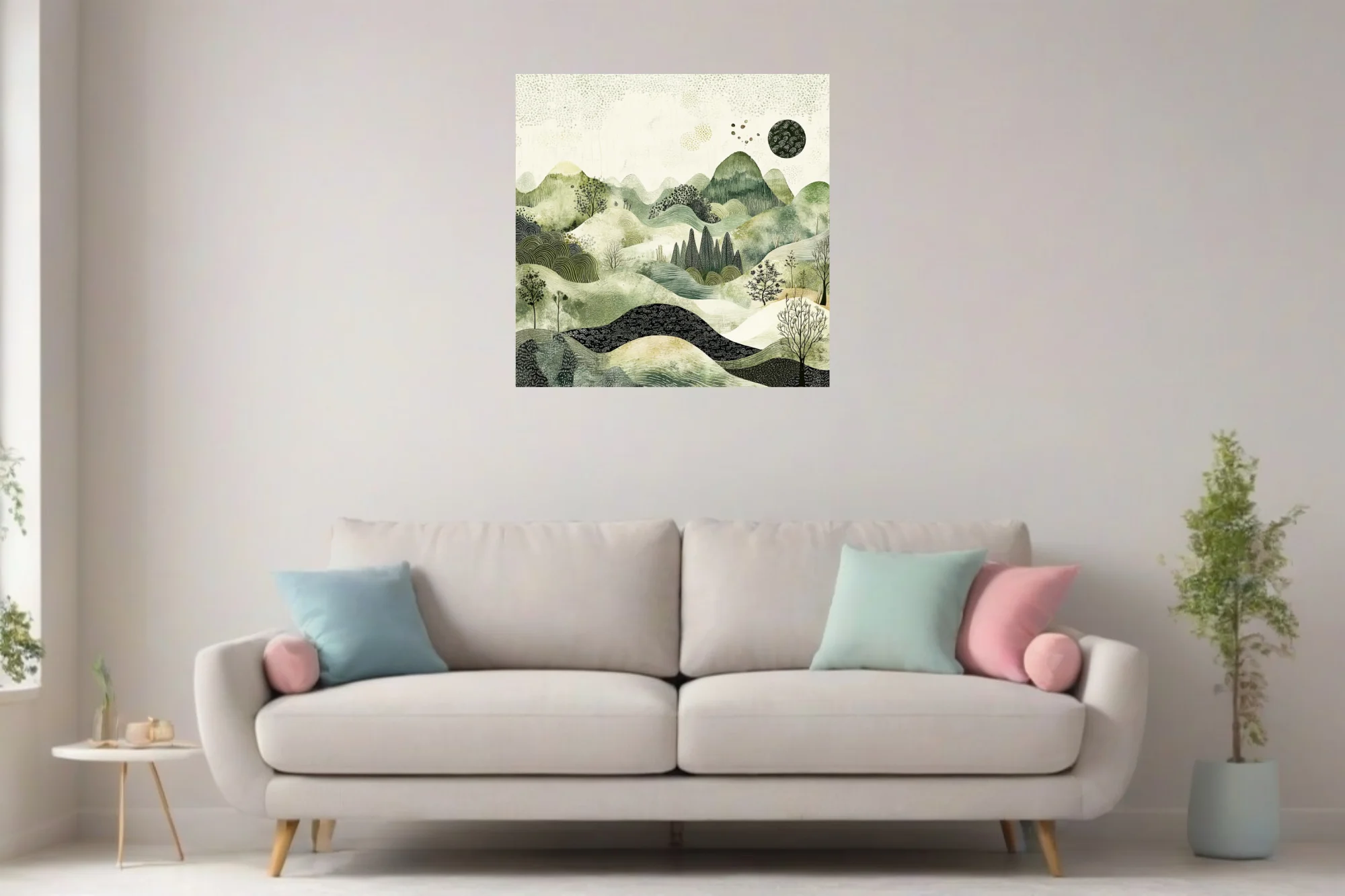 East Asian ink-style abstract landscape in sage greens and cream with textured hills and botanical forms