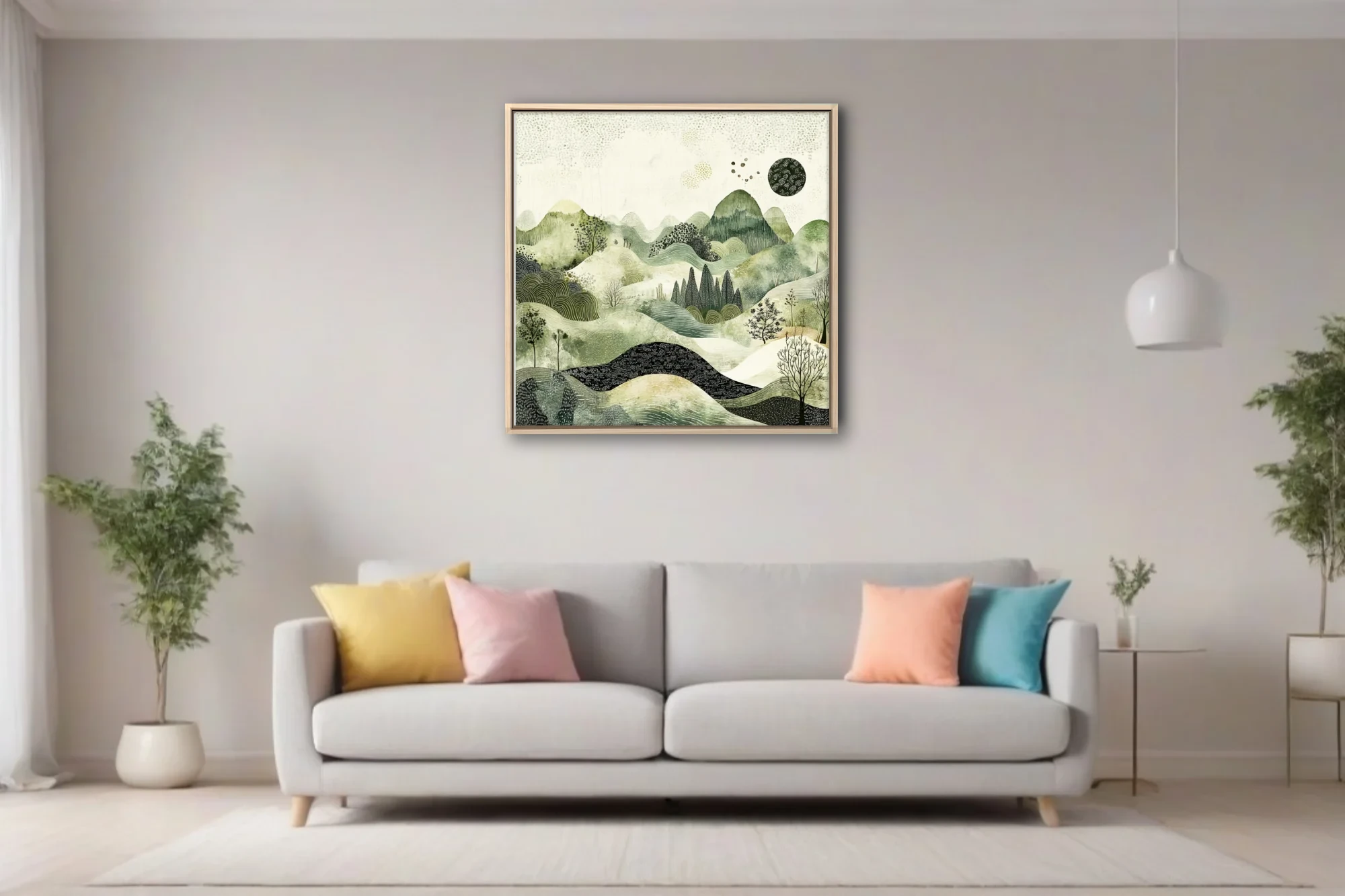 East Asian ink-style abstract landscape in sage greens and cream with textured hills and botanical forms