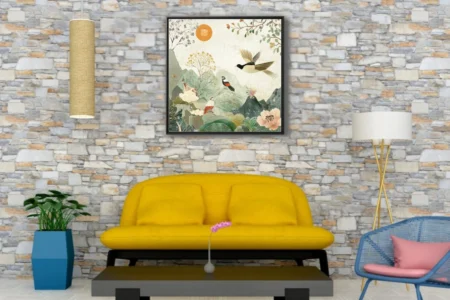Chinese-style bird and mountain illustration, sage green and cream tones, botanical motifs