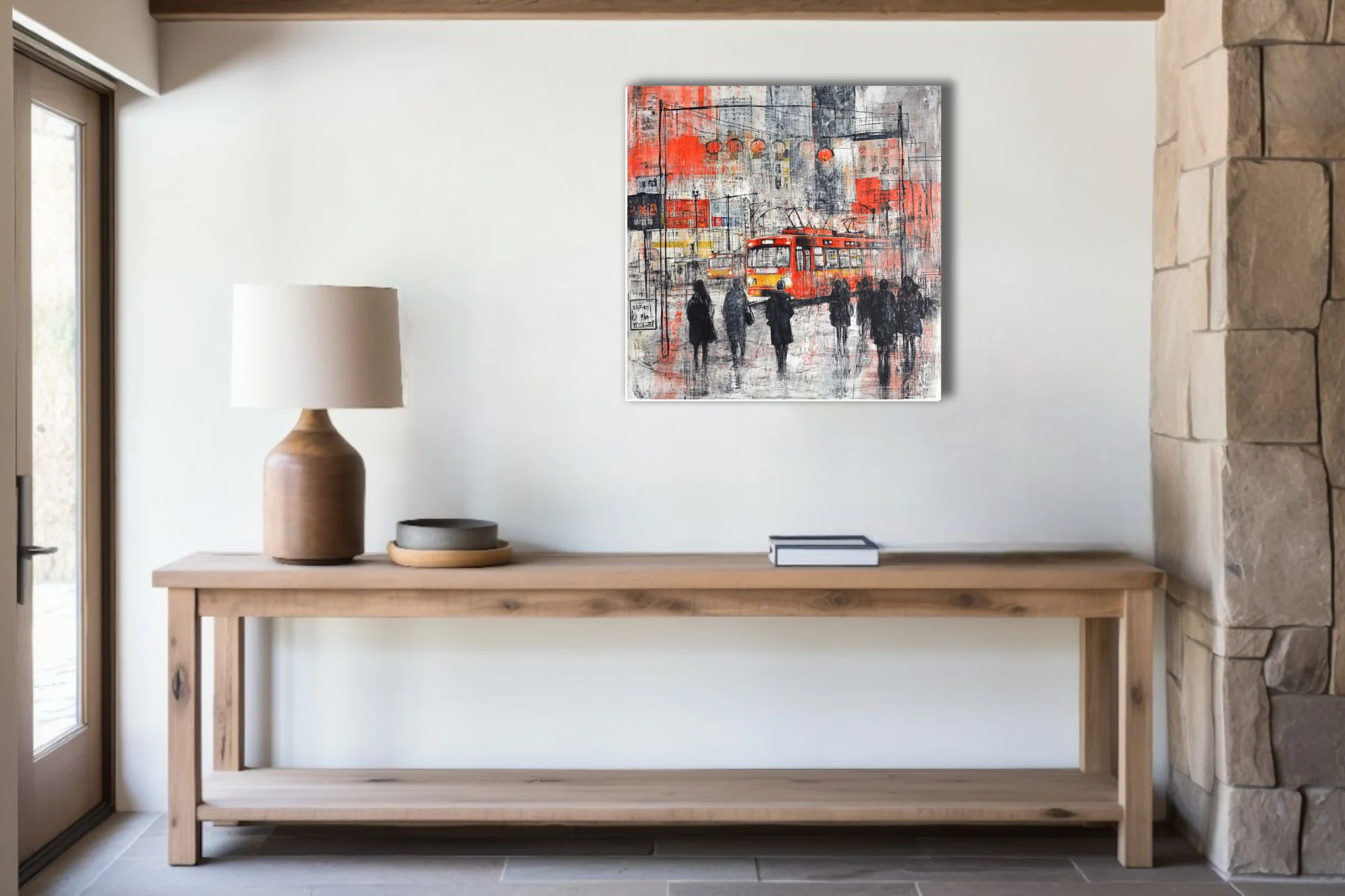 Abstract Chinese city street scene with red tram, lanterns, and silhouetted figures in ink and mixed-media style