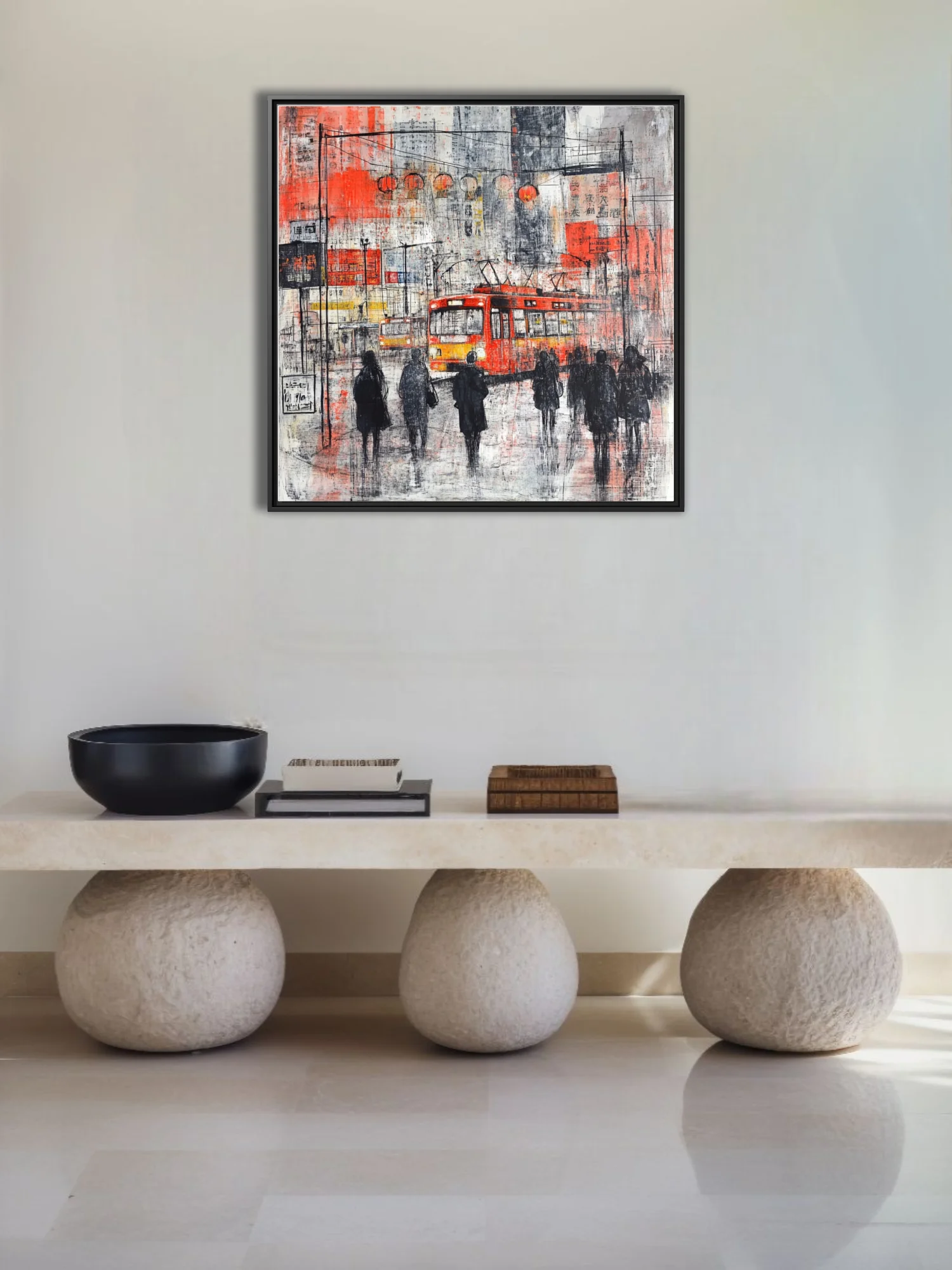Abstract Chinese city street scene with red tram, lanterns, and silhouetted figures in ink and mixed-media style